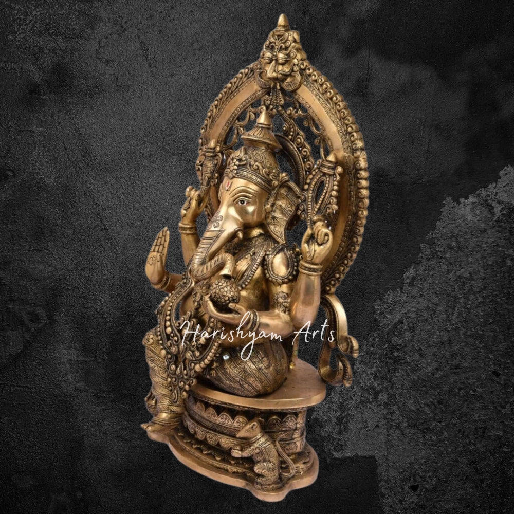 27" Brass Ganesh Statue Sitting On Singhasan