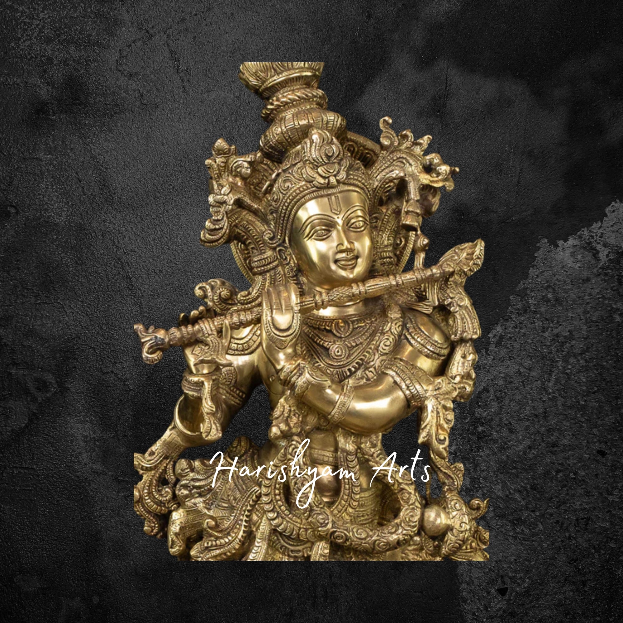 27" Brass Kanha Flute Player Statue on Lotus Base, Spiritual Home Decor