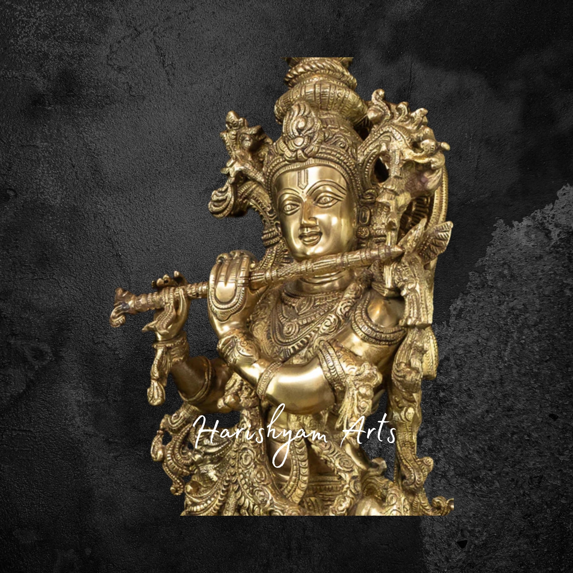 27" Brass Kanha Flute Player Statue on Lotus Base, Spiritual Home Decor