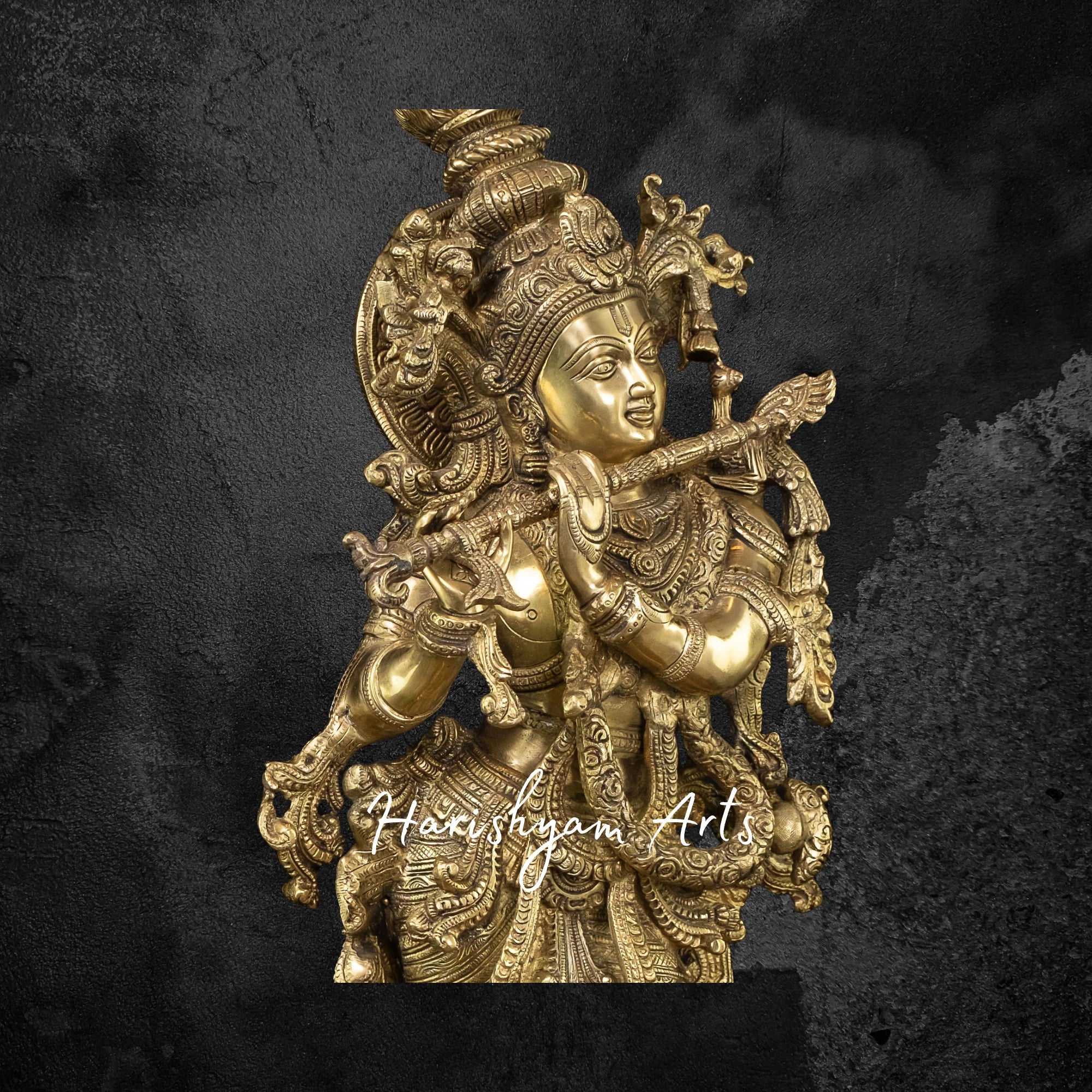 27" Brass Kanha Flute Player Statue on Lotus Base, Spiritual Home Decor