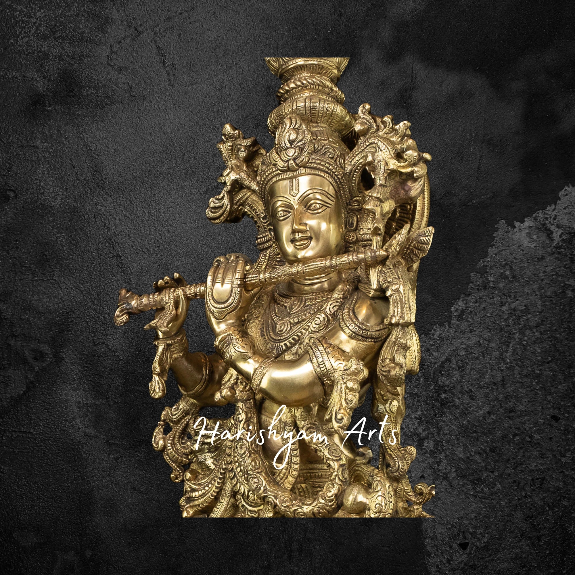 27" Brass Kanha Flute Player Statue on Lotus Base, Spiritual Home Decor