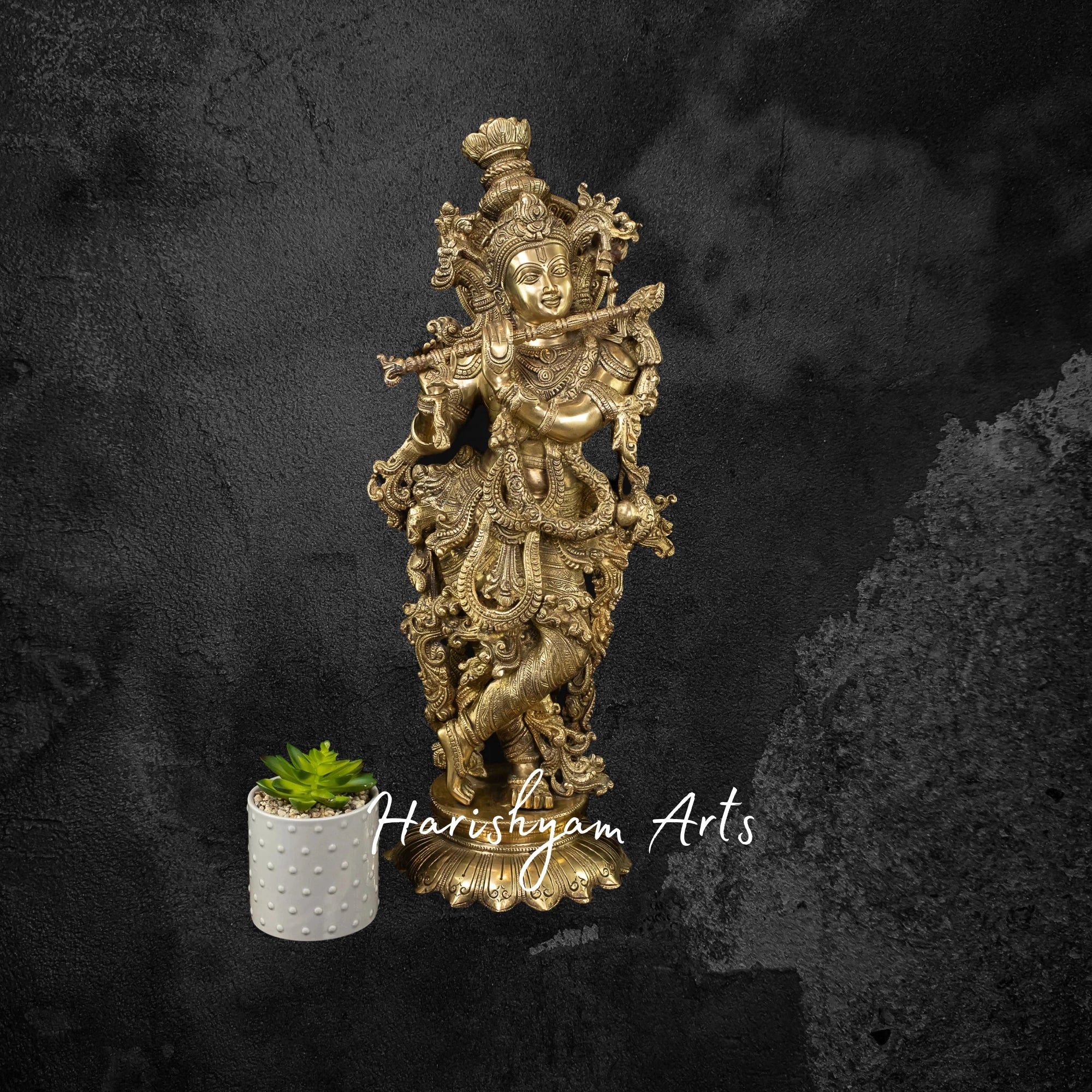 27" Brass Kanha Flute Player Statue on Lotus Base, Spiritual Home Decor