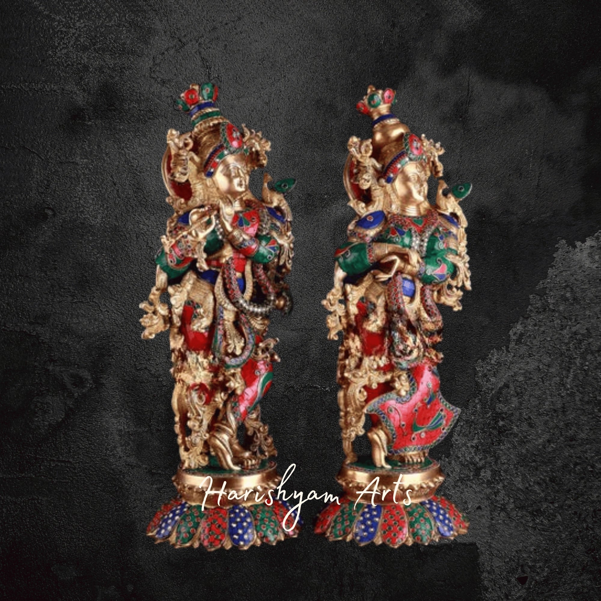 27" Colorful Brass Radha Krishna Idol Set on Lotus Pedestal
