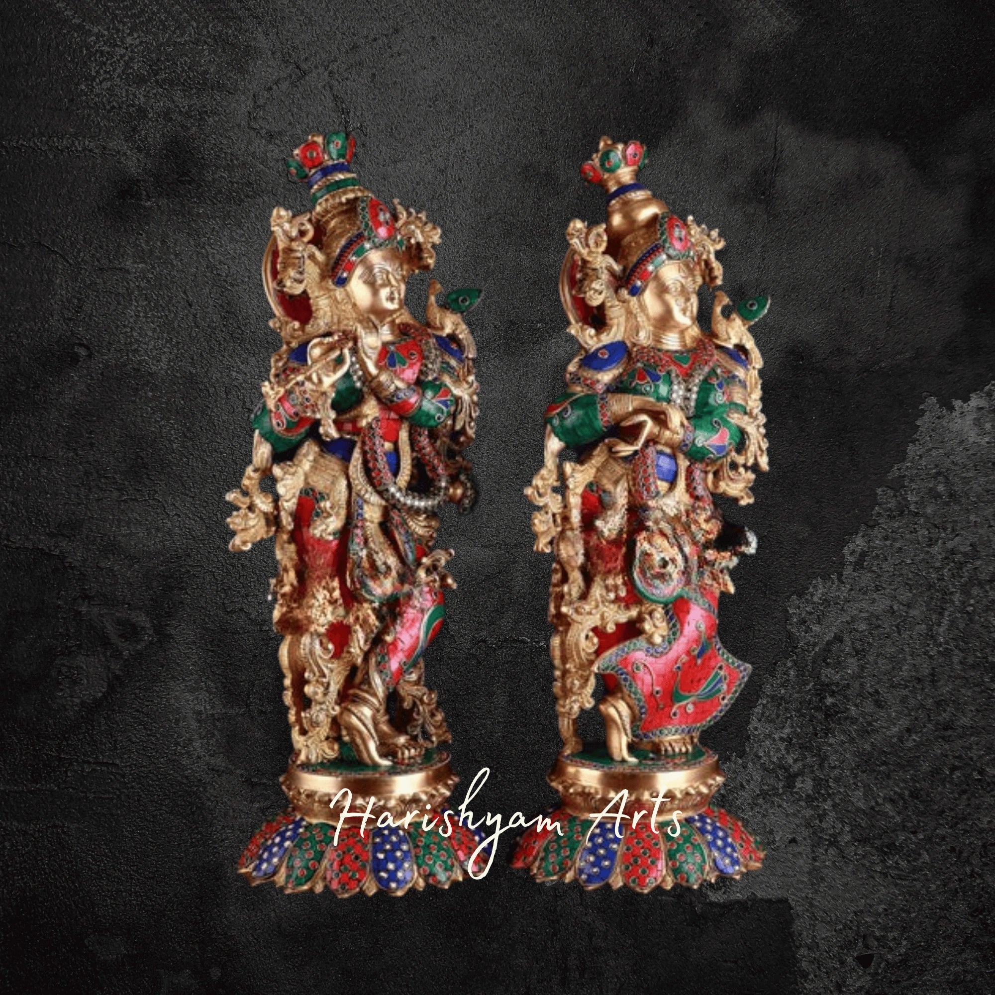 27" Colorful Brass Radha Krishna Idol Set on Lotus Pedestal