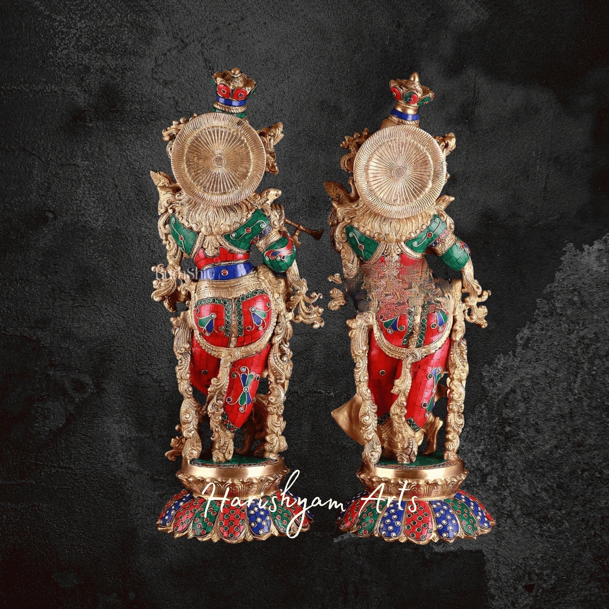 27" Colorful Brass Radha Krishna Idol Set on Lotus Pedestal