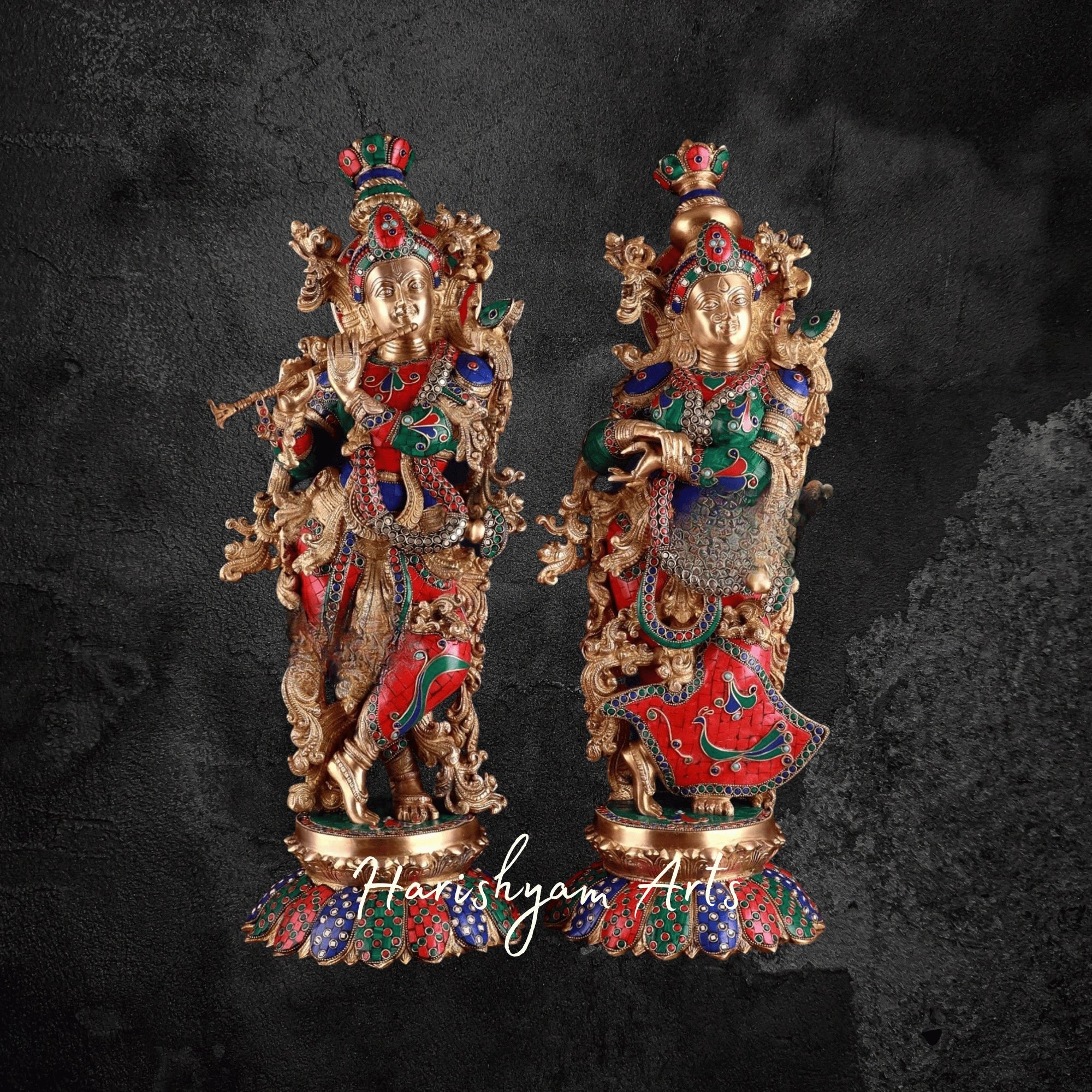 27" Colorful Brass Radha Krishna Idol Set on Lotus Pedestal