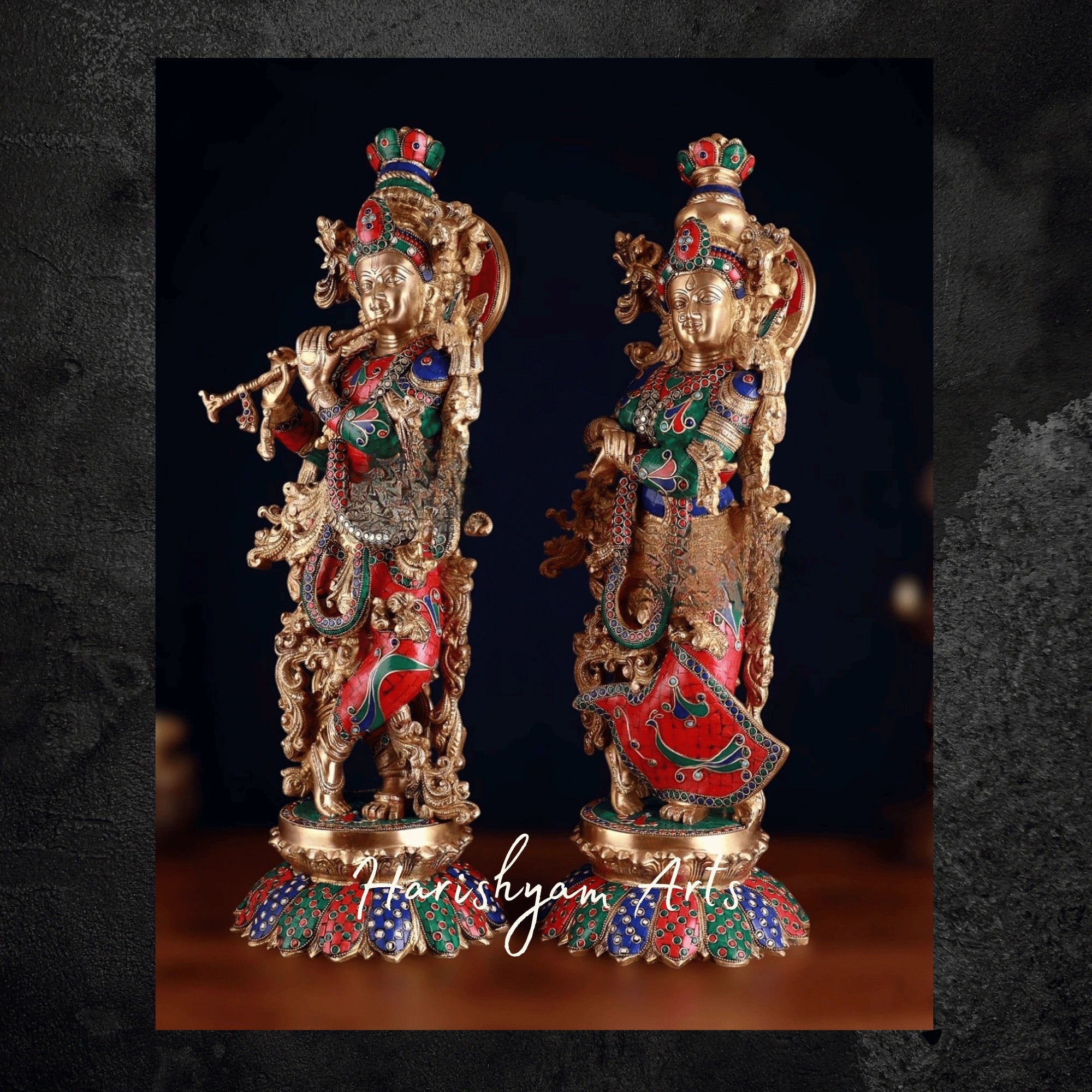 27" Colorful Brass Radha Krishna Idol Set on Lotus Pedestal