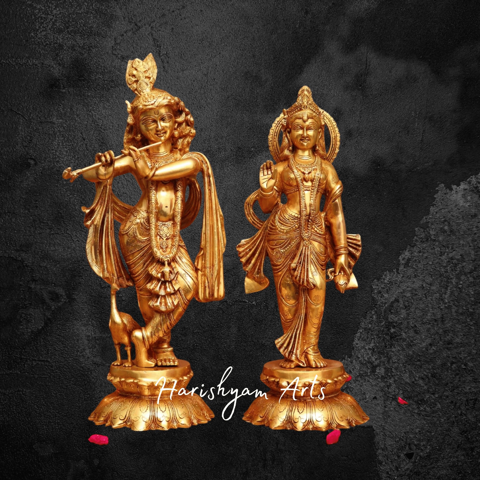 15" Elegant Brass Radha Krishna Sculptures with Fine Detailing