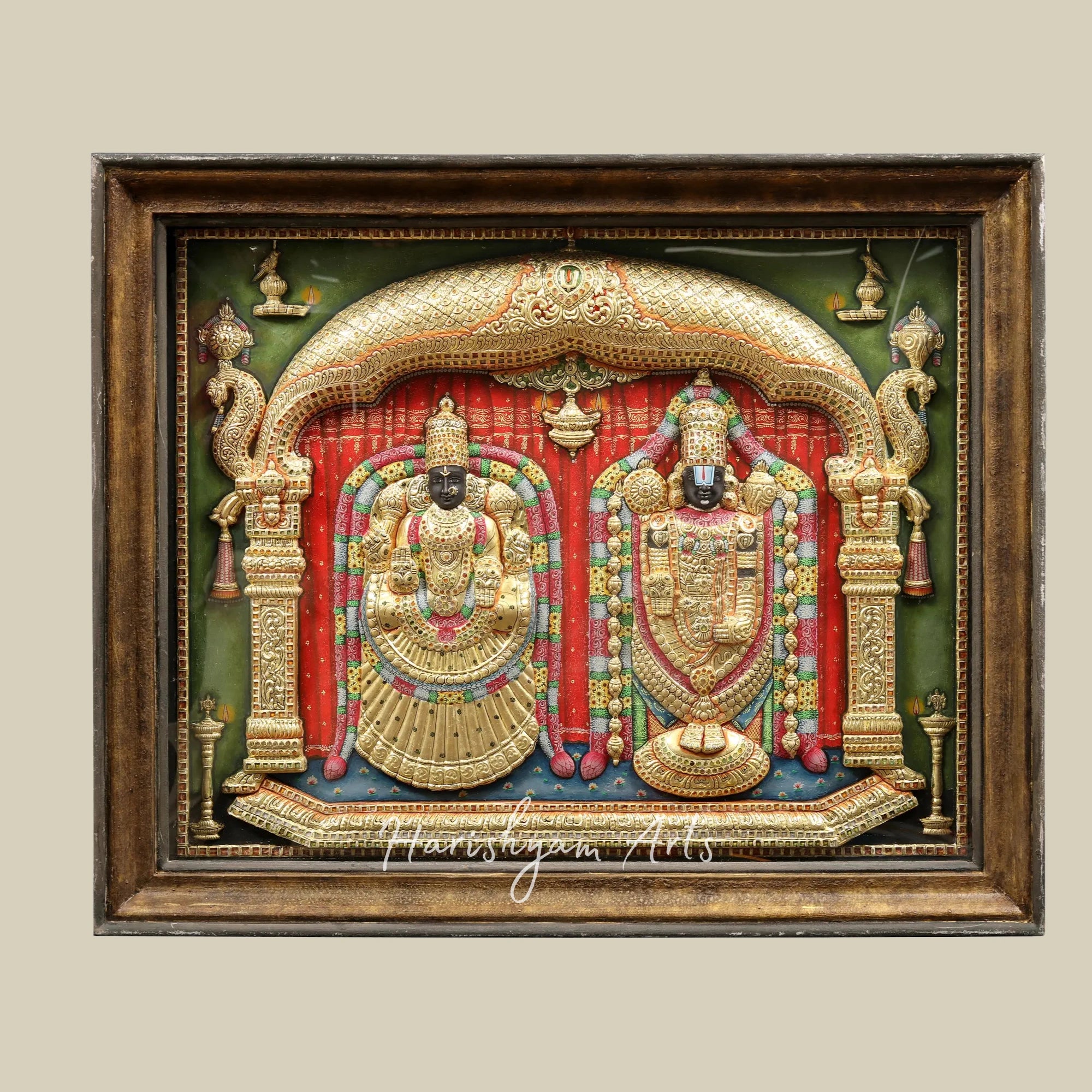 27" Lord Balaji and Goddess Padmavathi Embossed Tanjore Painting with Premium Teakwood Frame