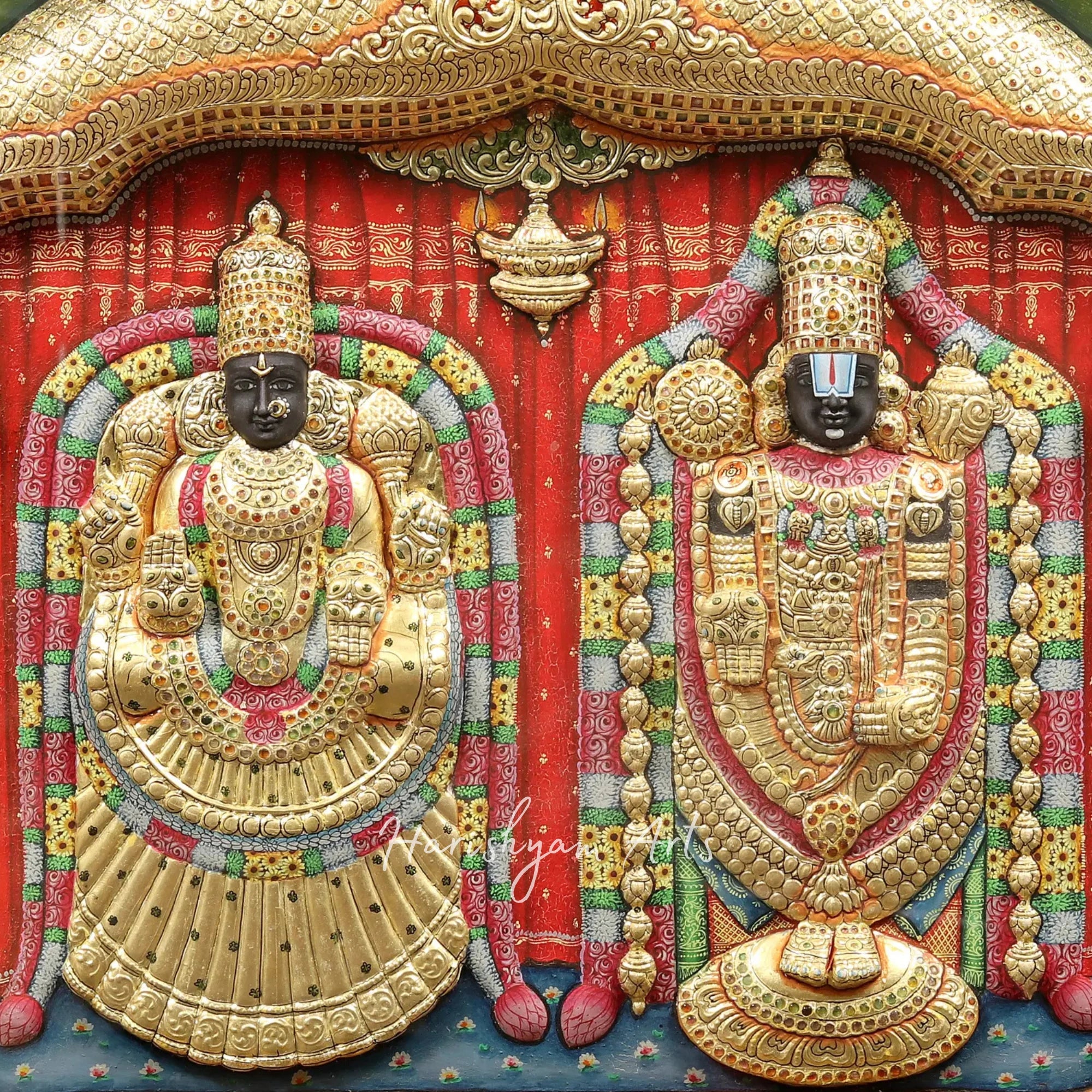 27" Lord Balaji and Goddess Padmavathi Embossed Tanjore Painting with Premium Teakwood Frame