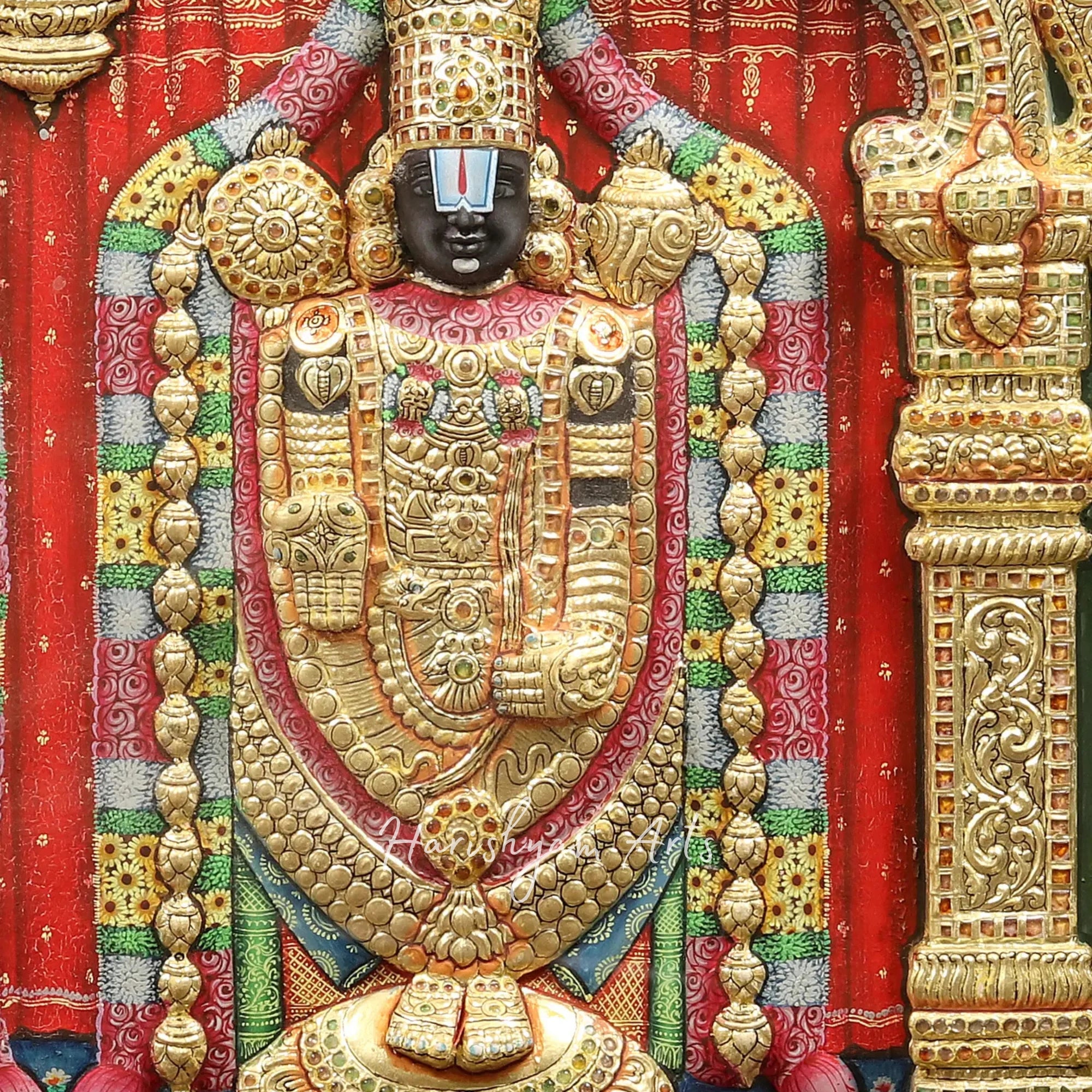 27" Lord Balaji and Goddess Padmavathi Embossed Tanjore Painting with Premium Teakwood Frame