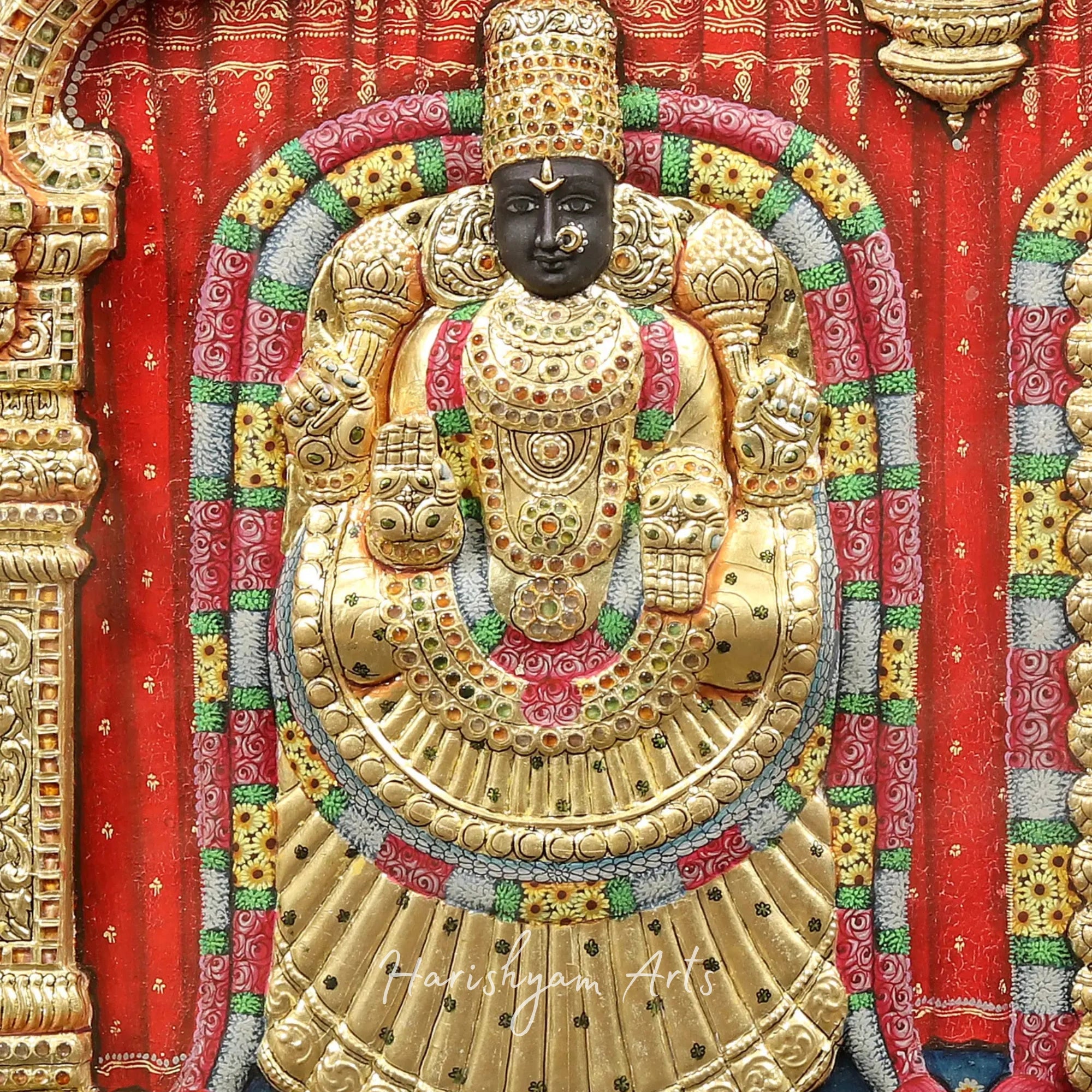 27" Lord Balaji and Goddess Padmavathi Embossed Tanjore Painting with Premium Teakwood Frame