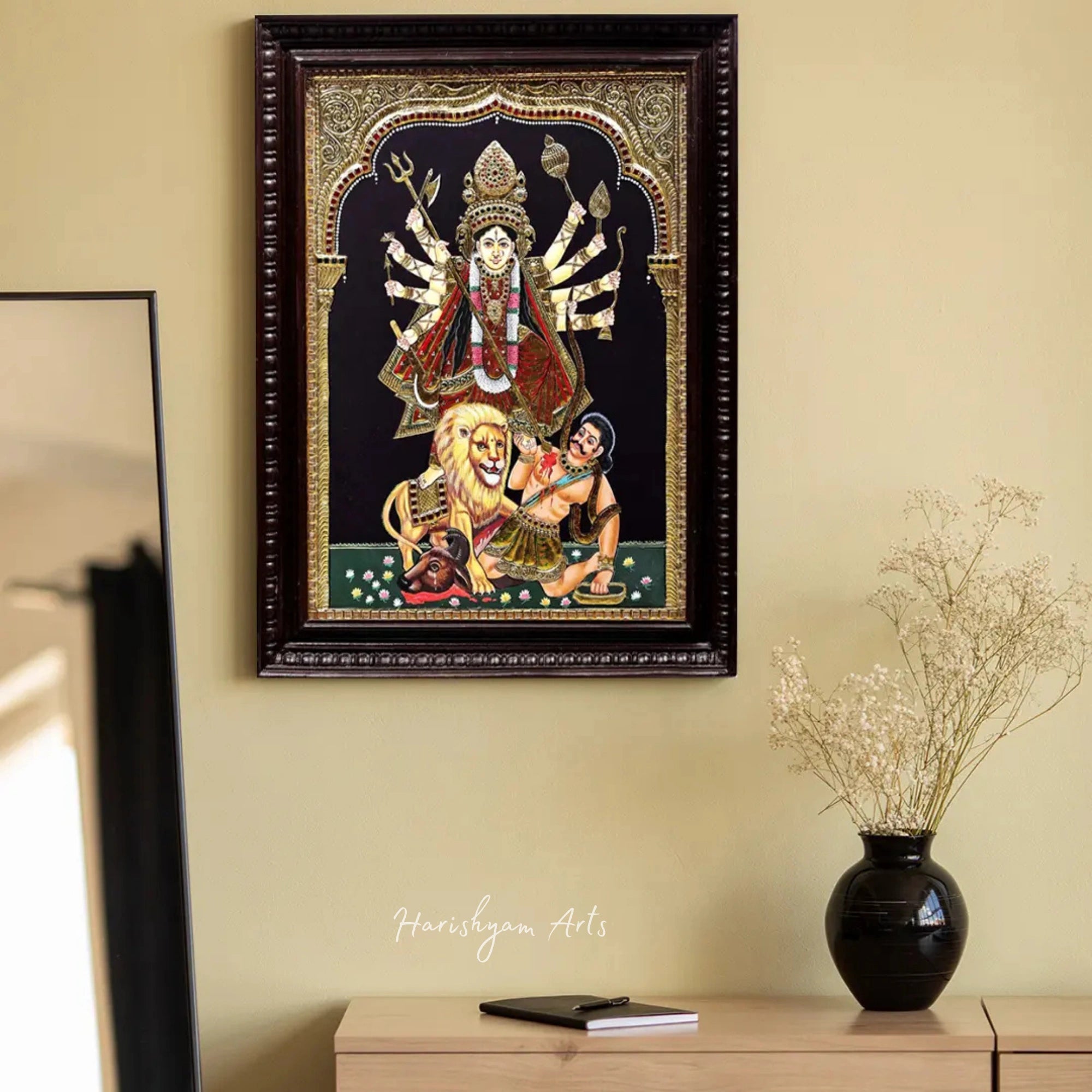 27" Mahishasura-Mardini Ten-Armed Durga Tanjore Painting in Teakwood Frame