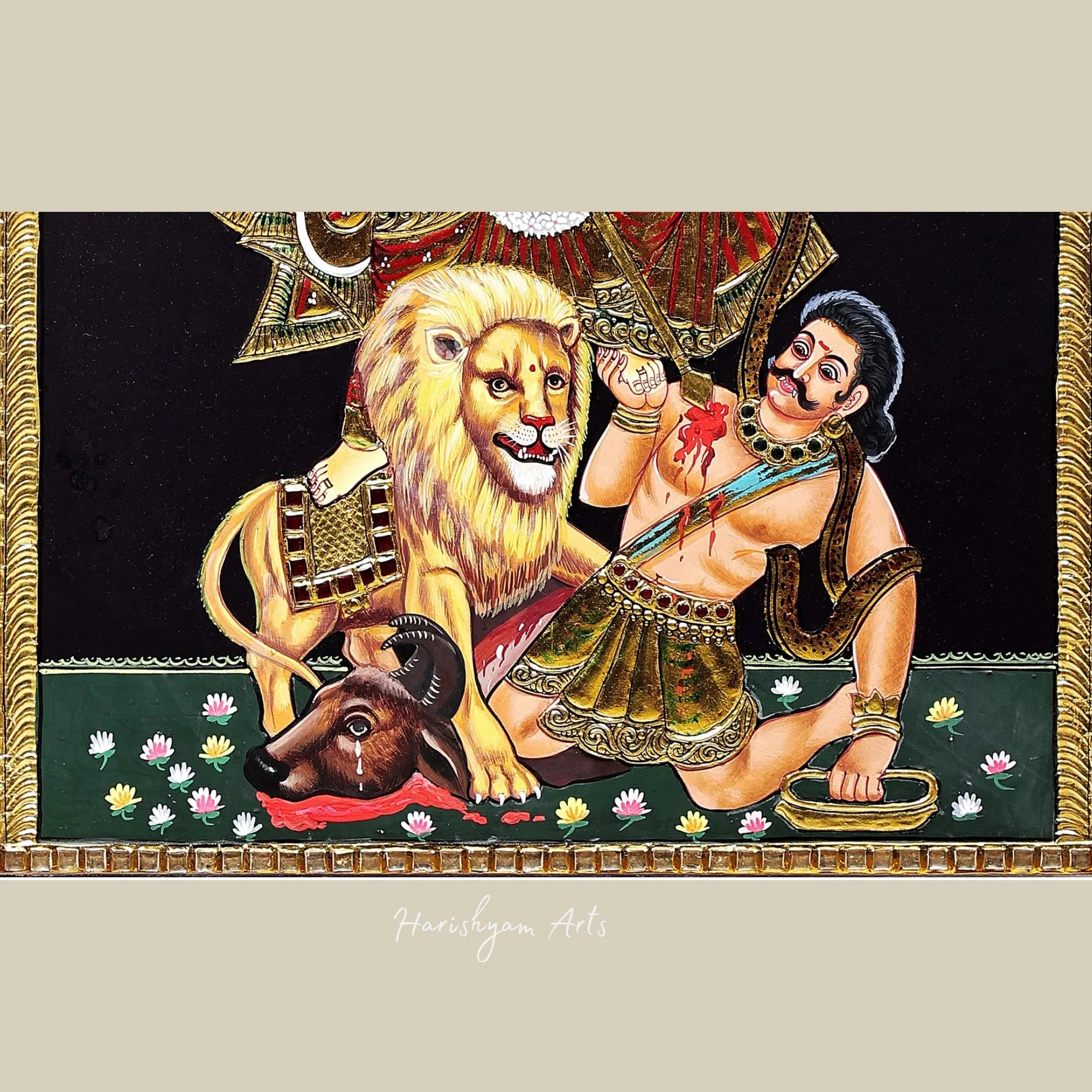 27" Mahishasura-Mardini Ten-Armed Durga Tanjore Painting in Teakwood Frame
