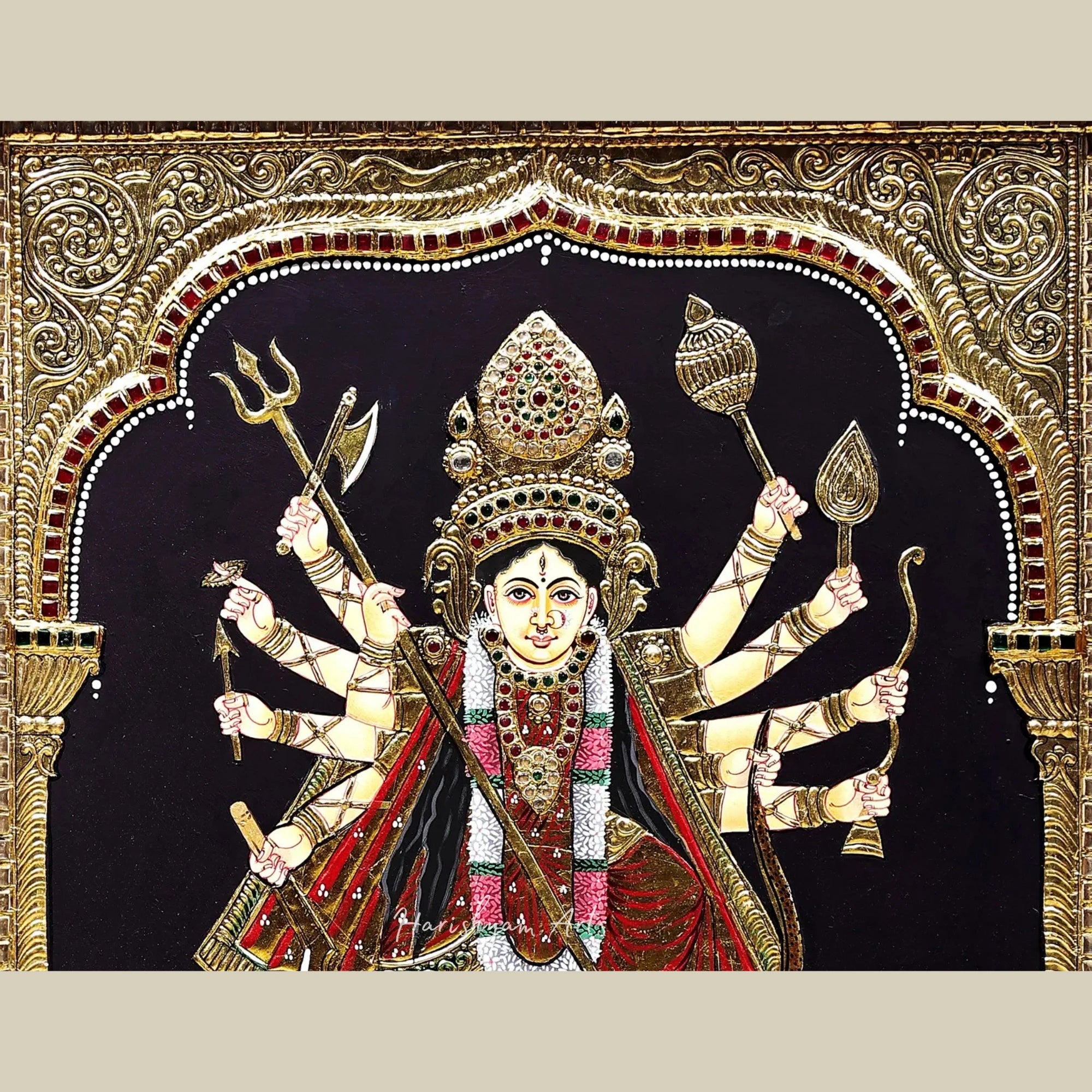 27" Mahishasura-Mardini Ten-Armed Durga Tanjore Painting in Teakwood Frame