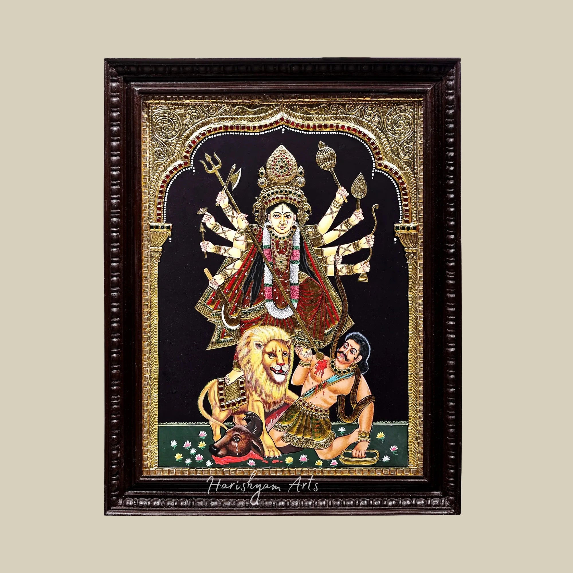 27" Mahishasura-Mardini Ten-Armed Durga Tanjore Painting in Teakwood Frame