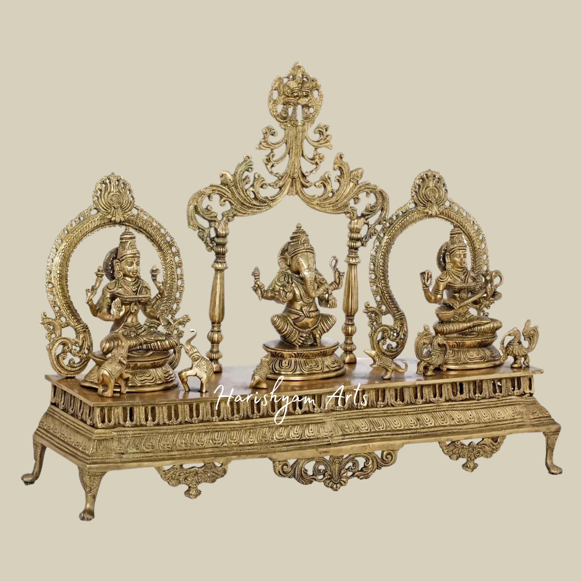 27" Sacred Brass Statues of Lakshmi, Ganesha, and Saraswati for Home Decor