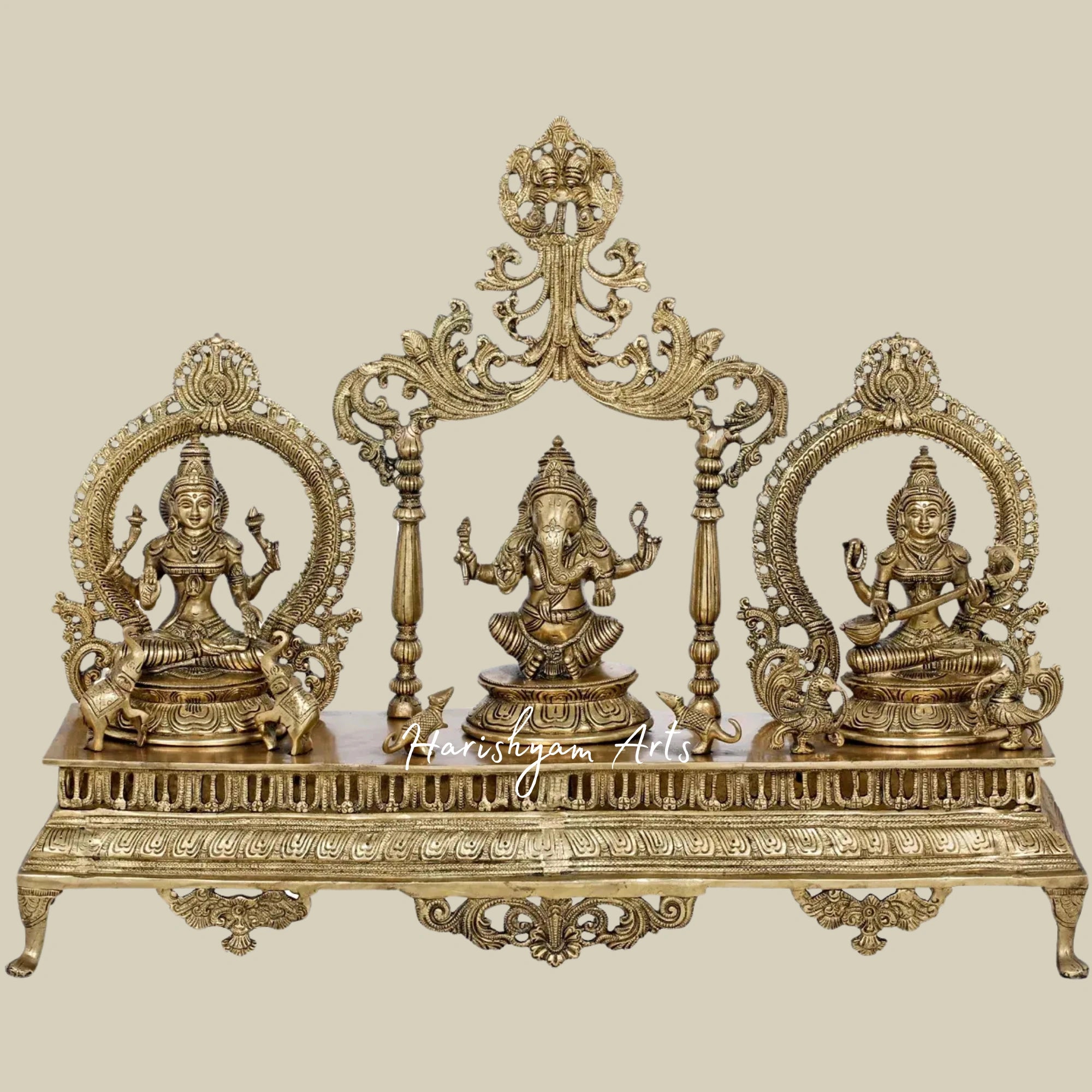27" Sacred Brass Statues of Lakshmi, Ganesha, and Saraswati for Home Decor1