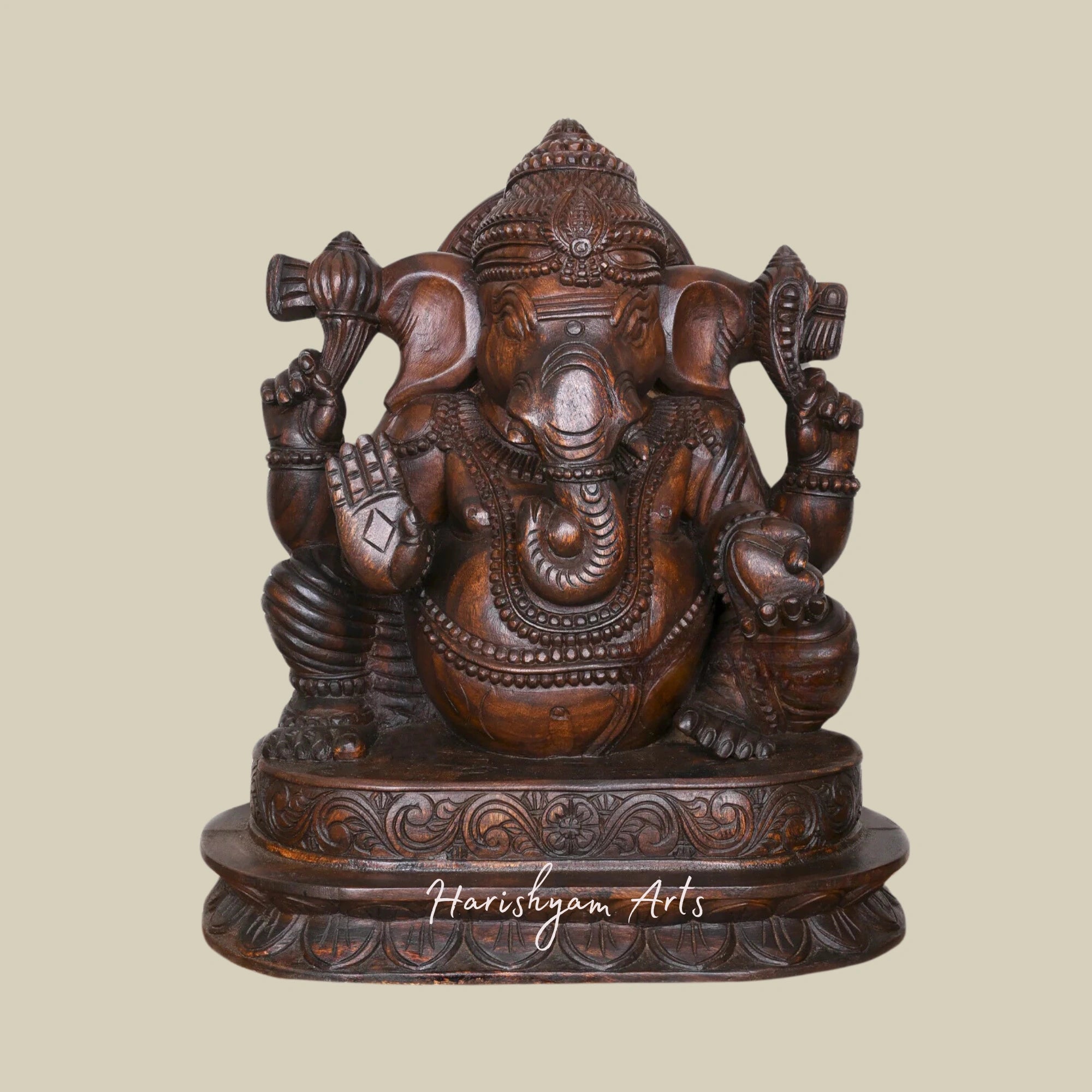 27" Shree Lambodara Wooden Ganesh Statue in Blessing Gesture