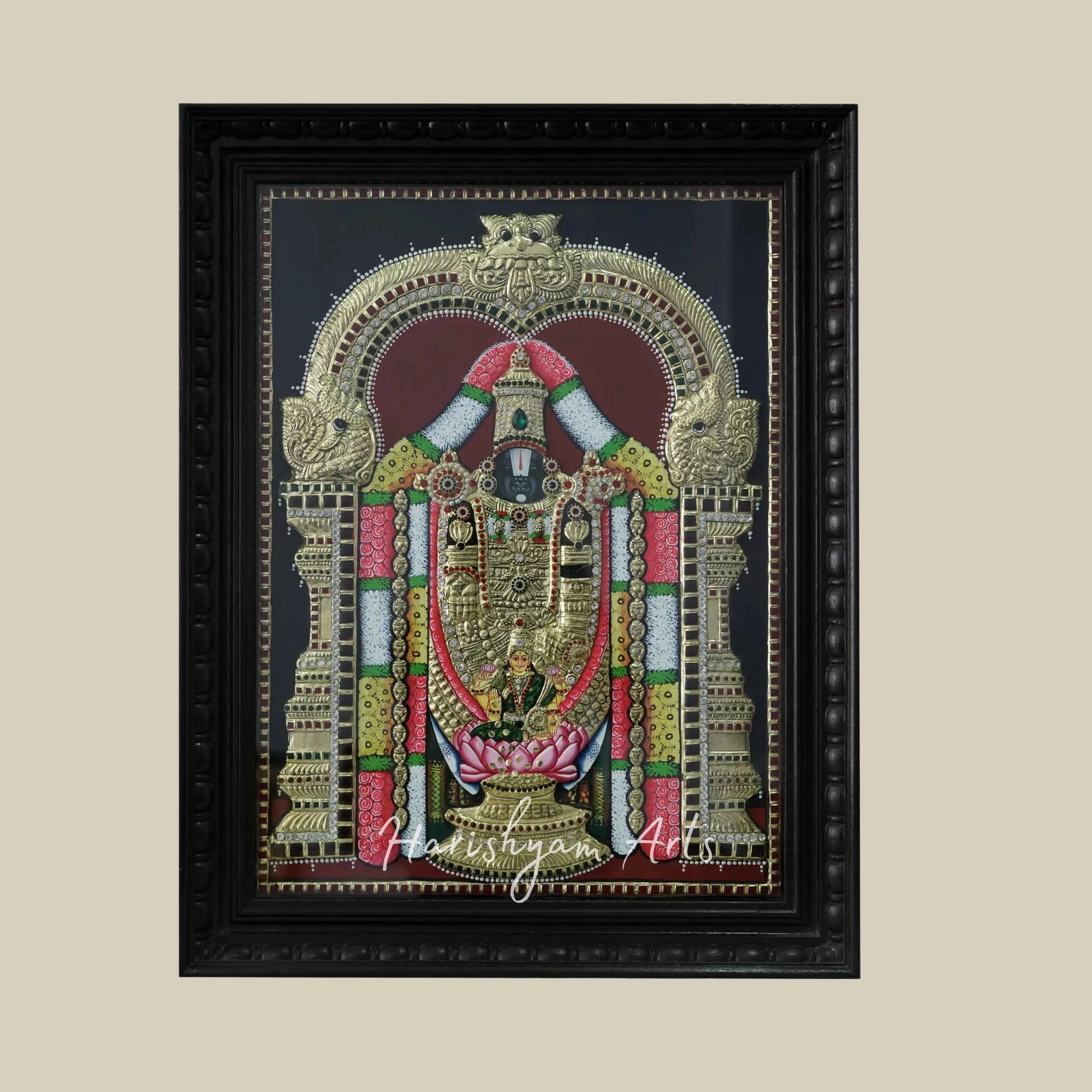 27" Tanjore Painting of Lord Balaji with Goddess Lakshmi Showering Wealth and Ornate Frame