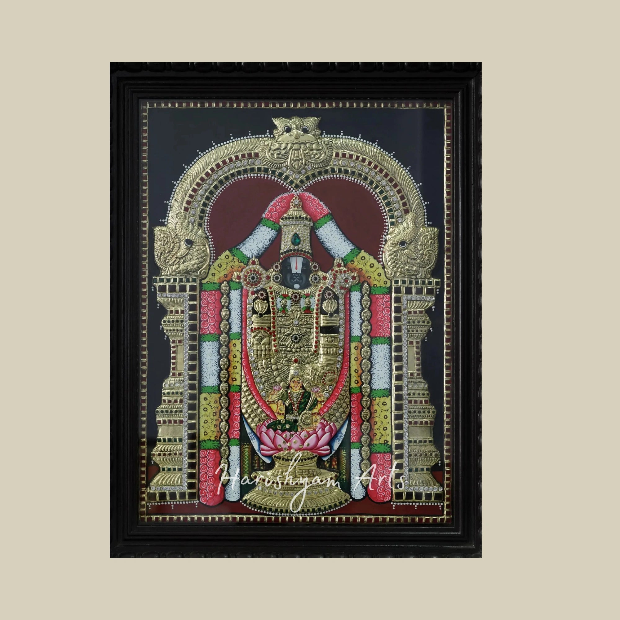 27" Tanjore Painting of Lord Balaji with Goddess Lakshmi Showering Wealth and Ornate Frame