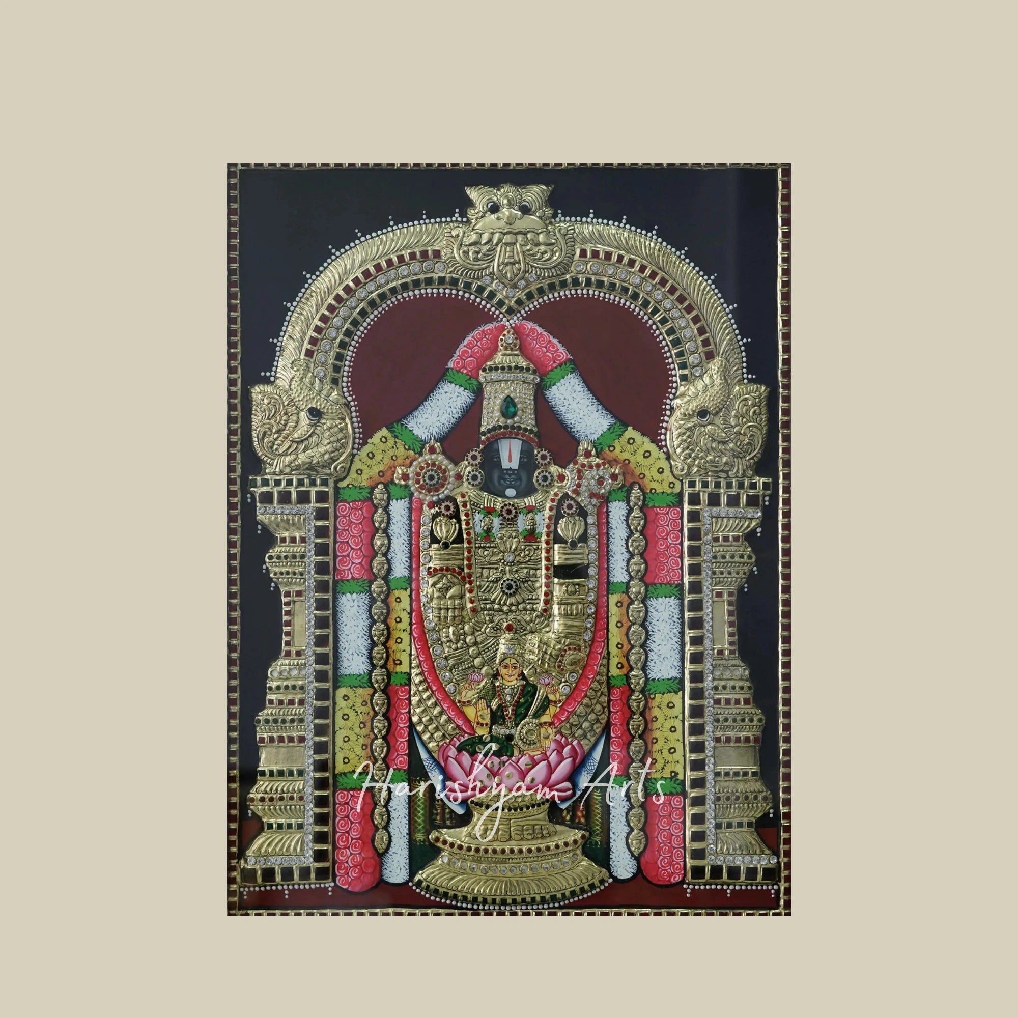27" Tanjore Painting of Lord Balaji with Goddess Lakshmi Showering Wealth and Ornate Frame