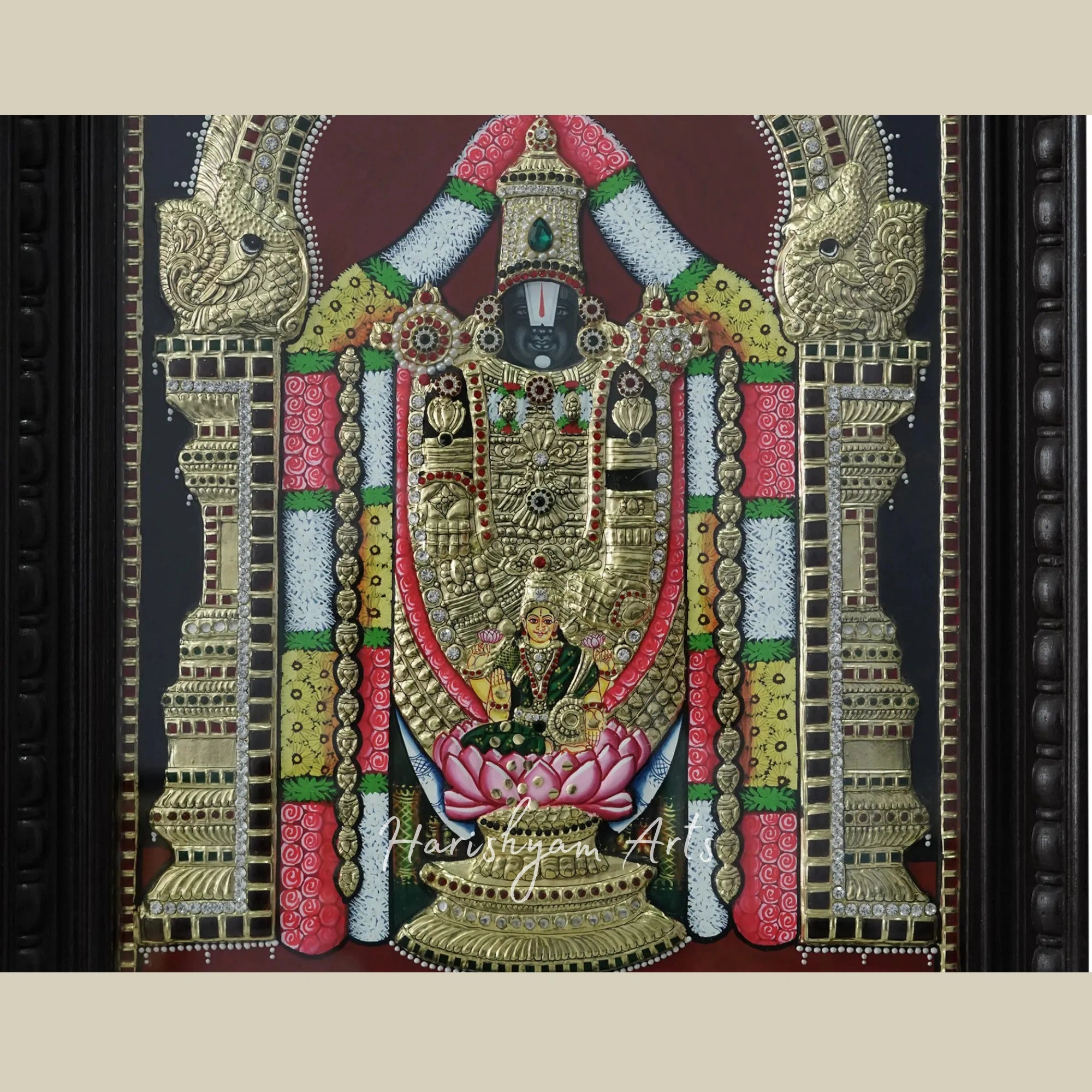 27" Tanjore Painting of Lord Balaji with Goddess Lakshmi Showering Wealth and Ornate Frame