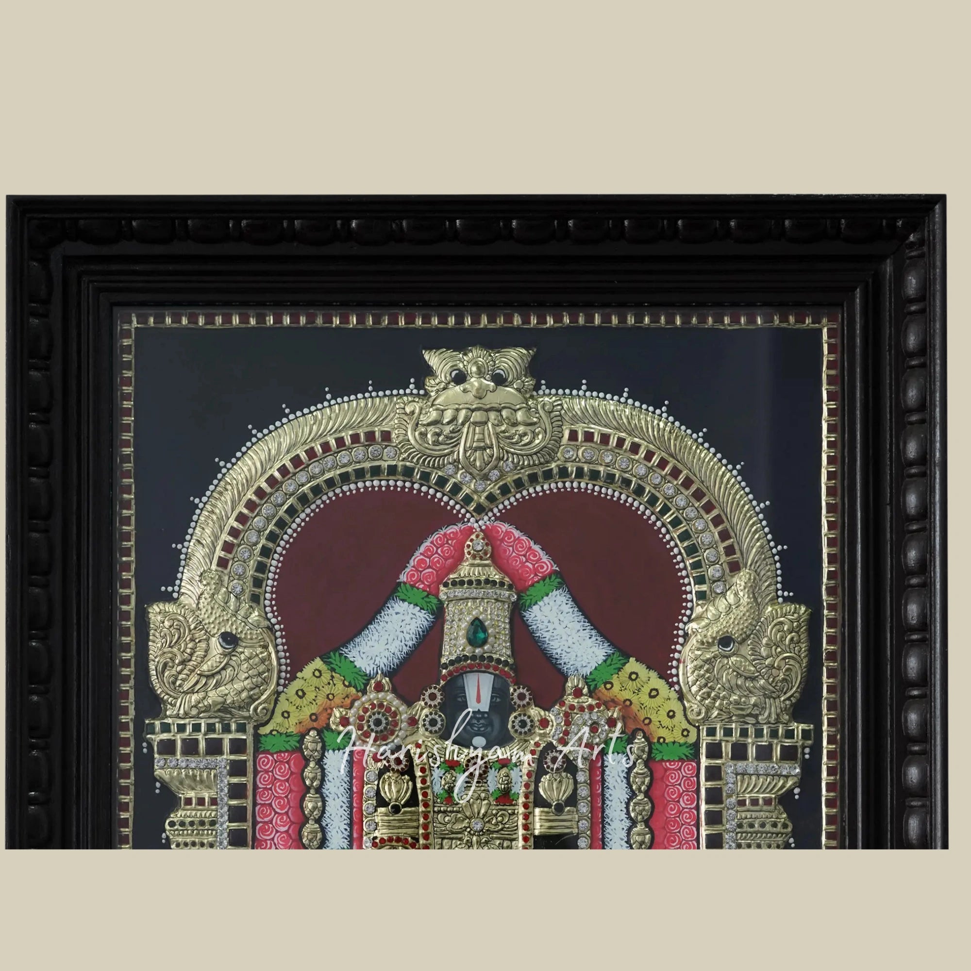 27" Tanjore Painting of Lord Balaji with Goddess Lakshmi Showering Wealth and Ornate Frame