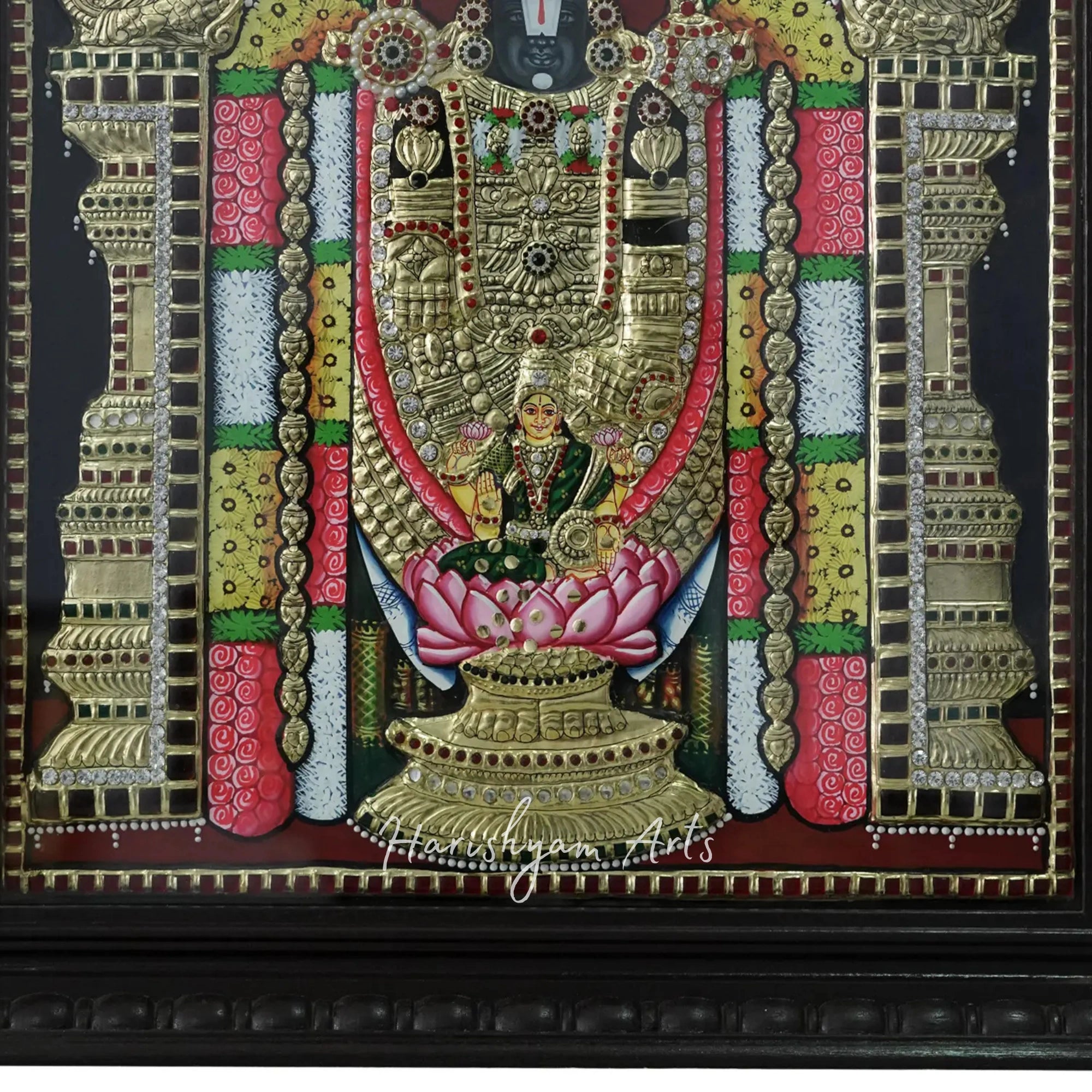 27" Tanjore Painting of Lord Balaji with Goddess Lakshmi Showering Wealth and Ornate Frame