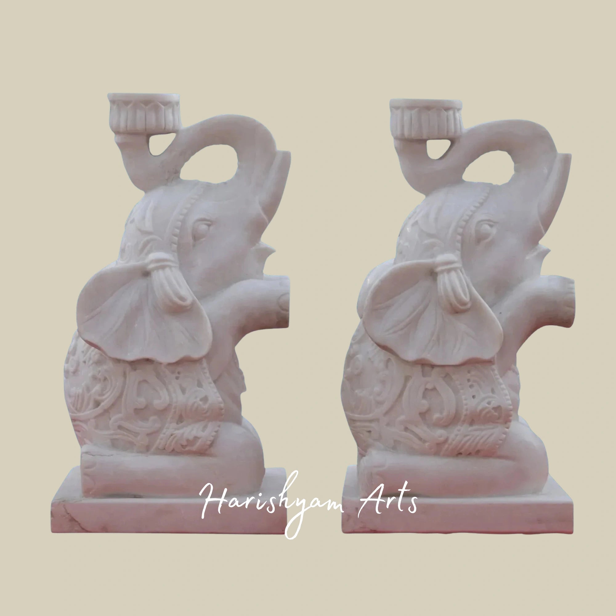 28" Adorable Baby Elephant Pair in Pure White Makrana Marble