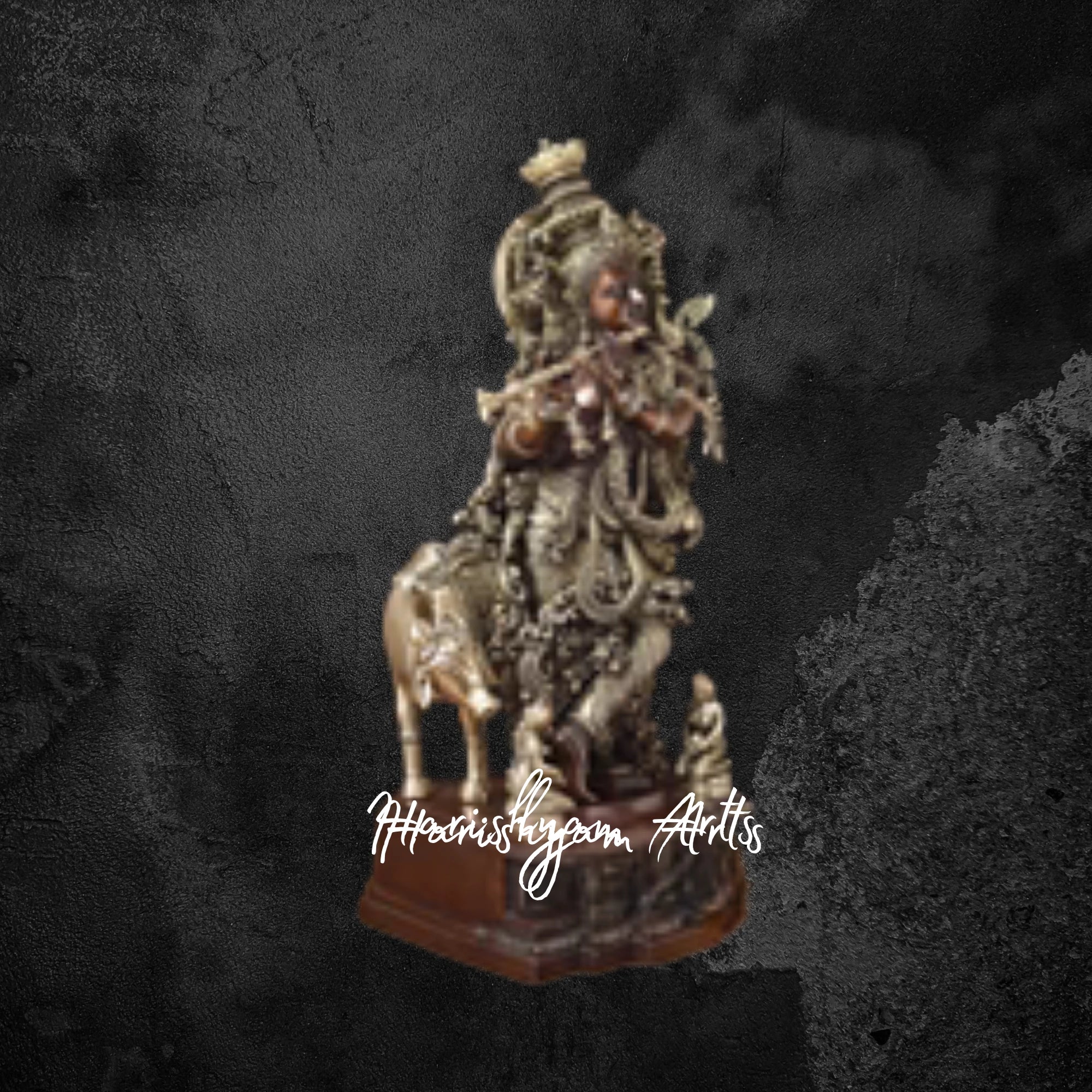 28" Golden-Copper Brass Krishna Statue with Cow