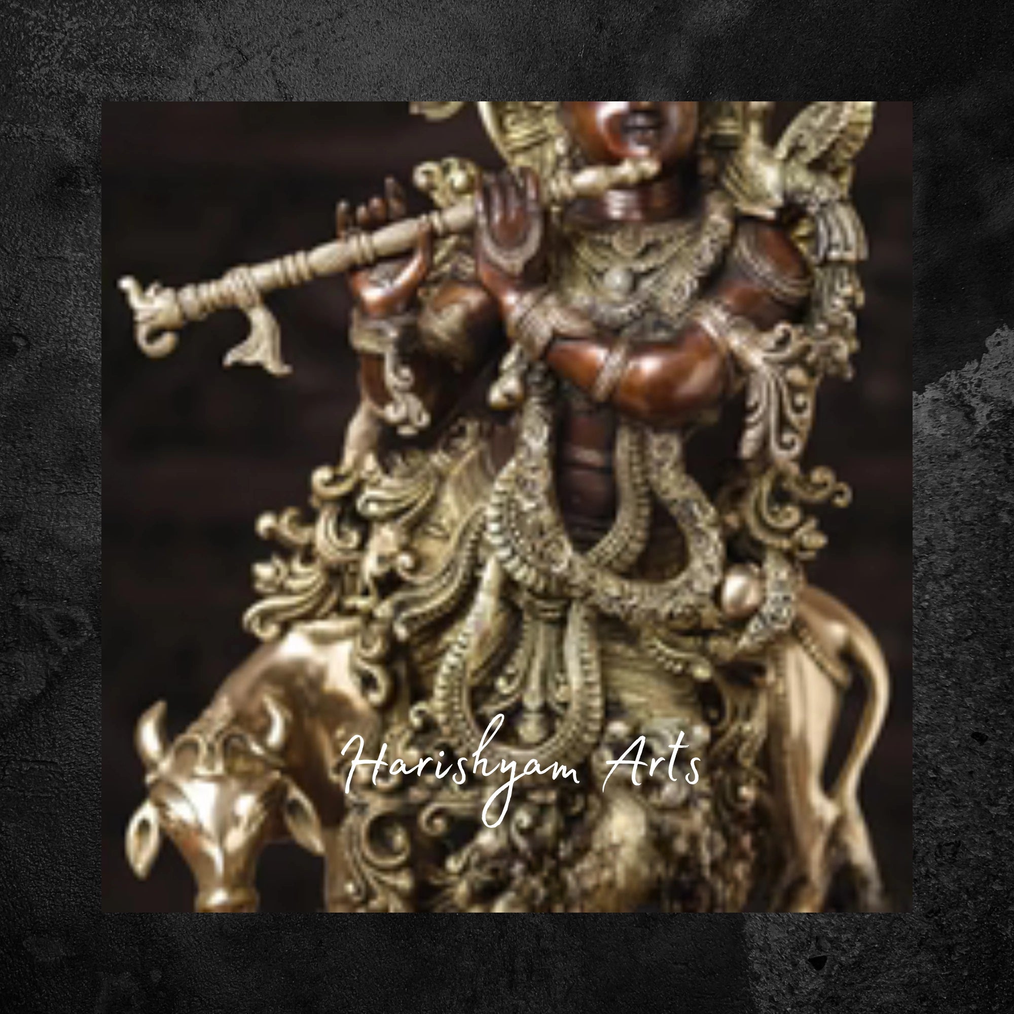 28" Golden-Copper Brass Krishna Statue with Cow