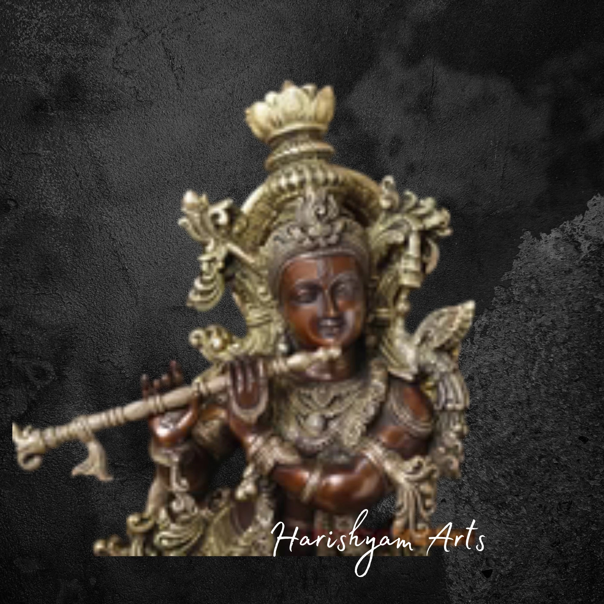 28" Golden-Copper Brass Krishna Statue with Cow