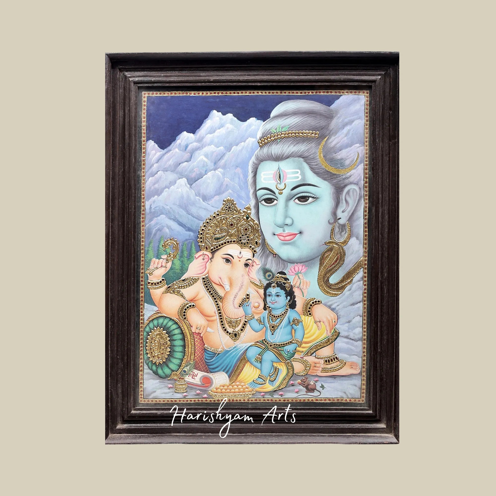 28" Krishna on Ganesha's Lap in Shiva’s Abode Tanjore Painting with Rich Gold Accents