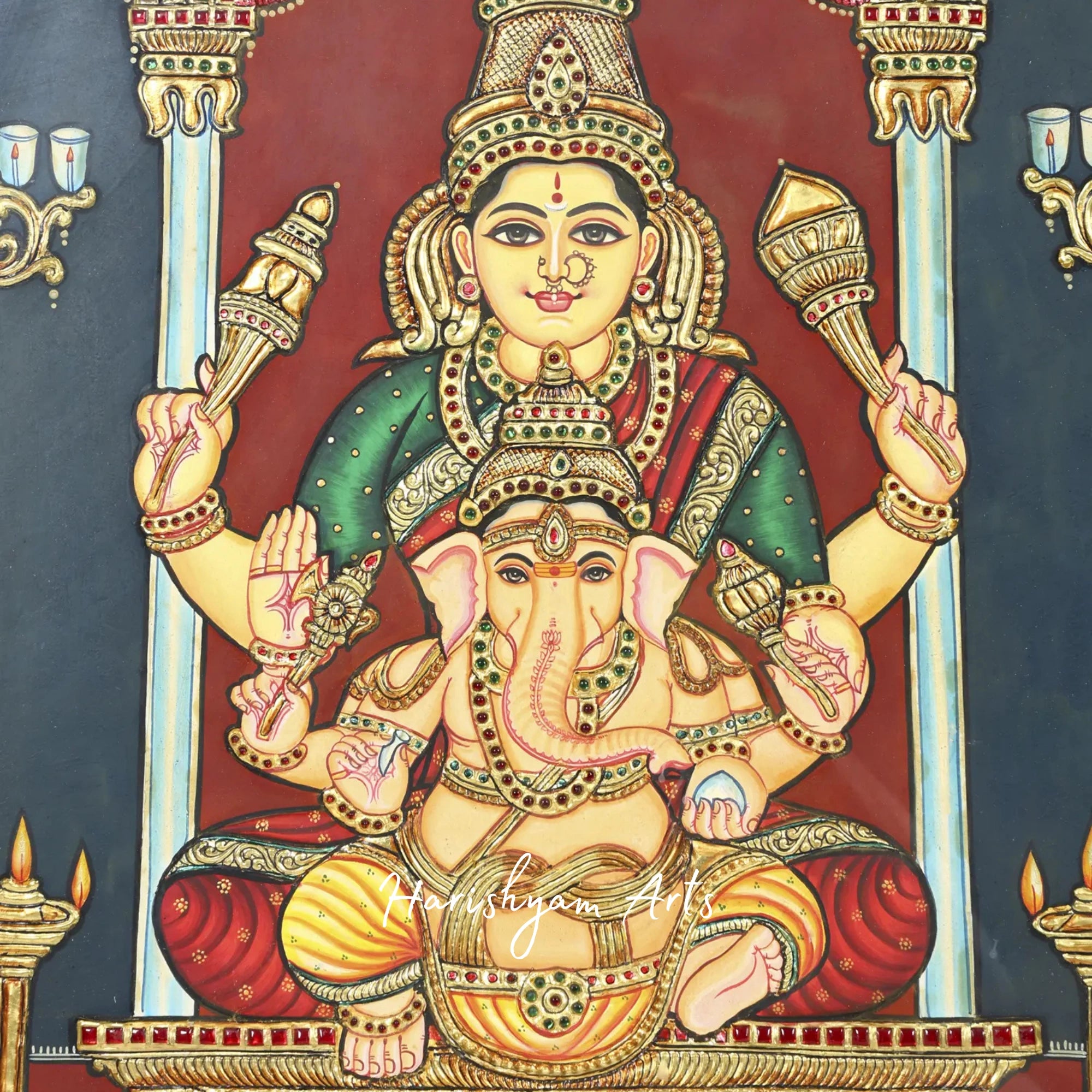 28" Lord Ganesha Tanjore Painting with Devi Lakshmi in Vibrant Colors1