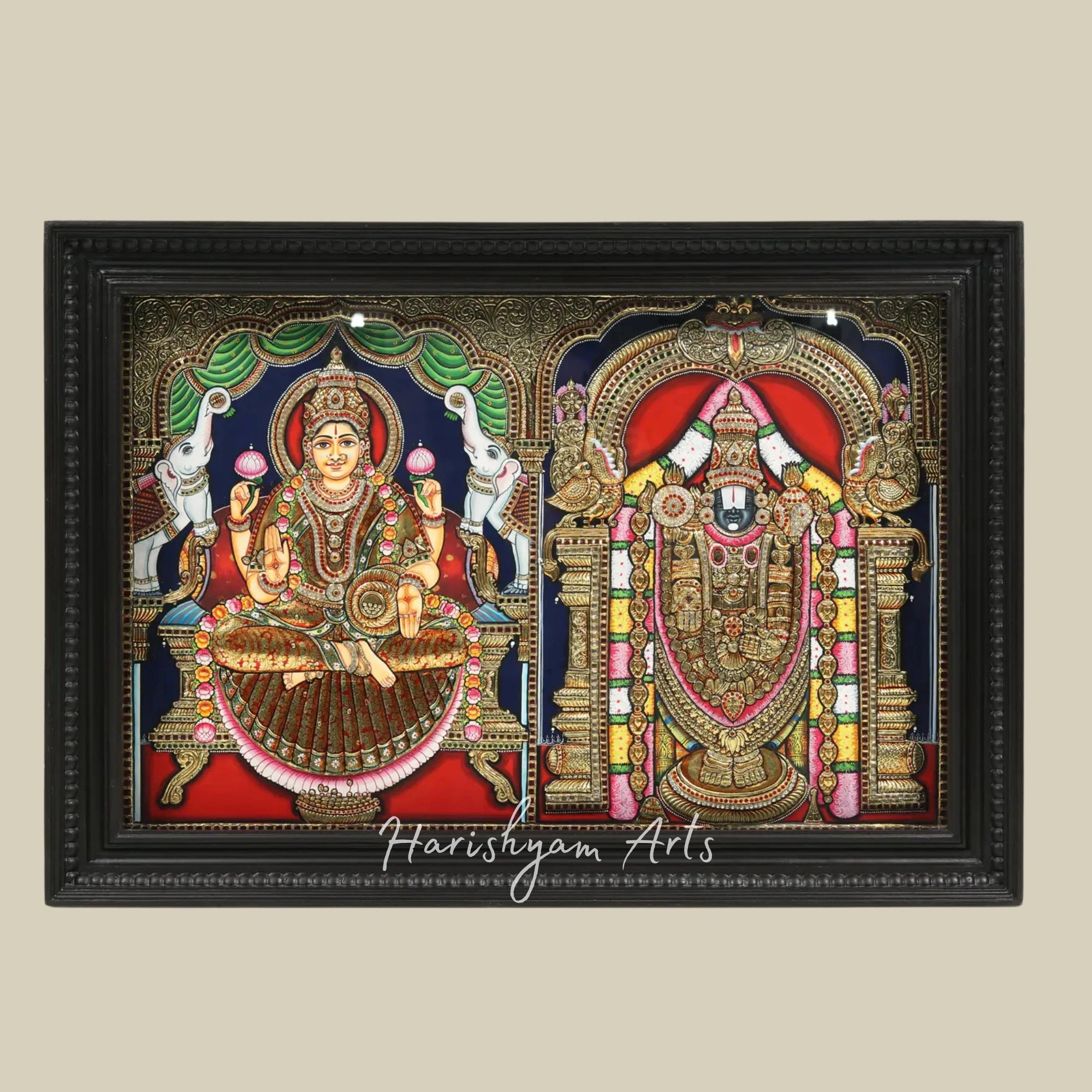 28" Lord Tirupati Balaji Venkateshvara with Goddess Gajalakshmi Tanjore Painting with Embossed Detailing