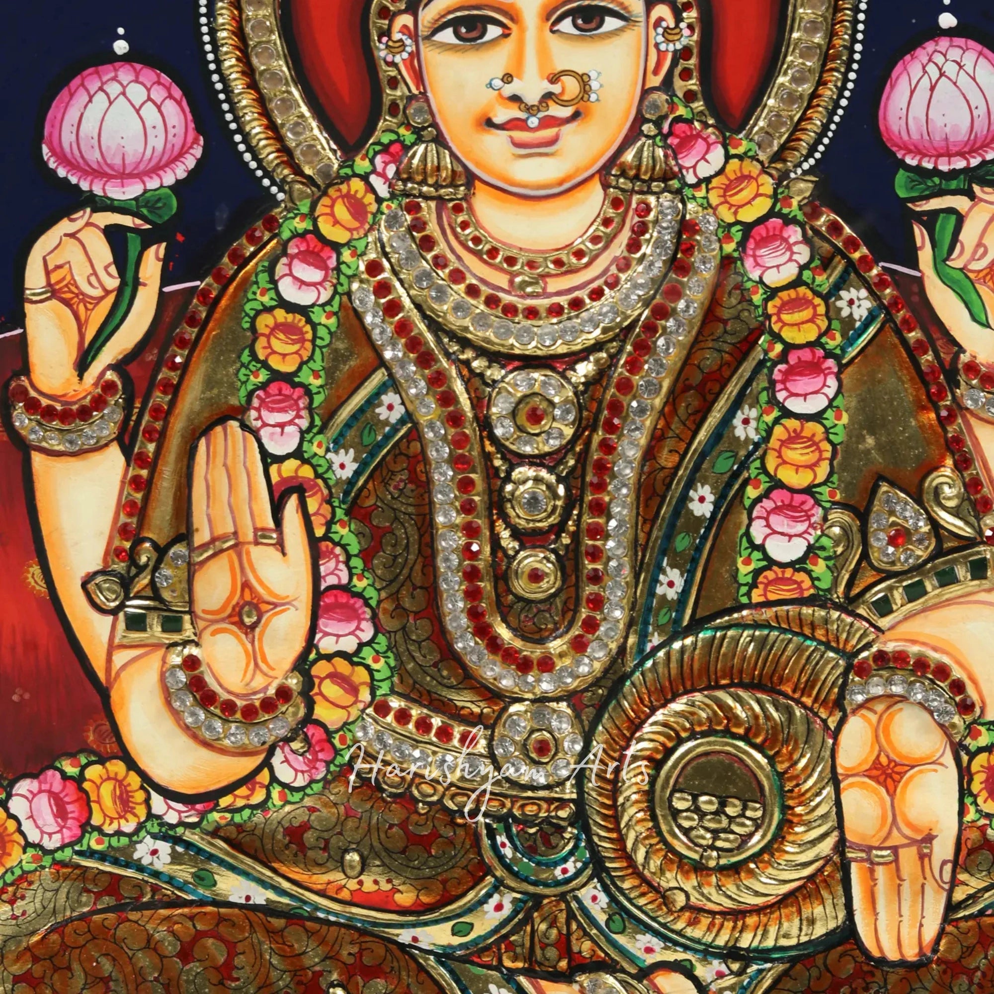 28" Lord Tirupati Balaji Venkateshvara with Goddess Gajalakshmi Tanjore Painting with Embossed Detailing