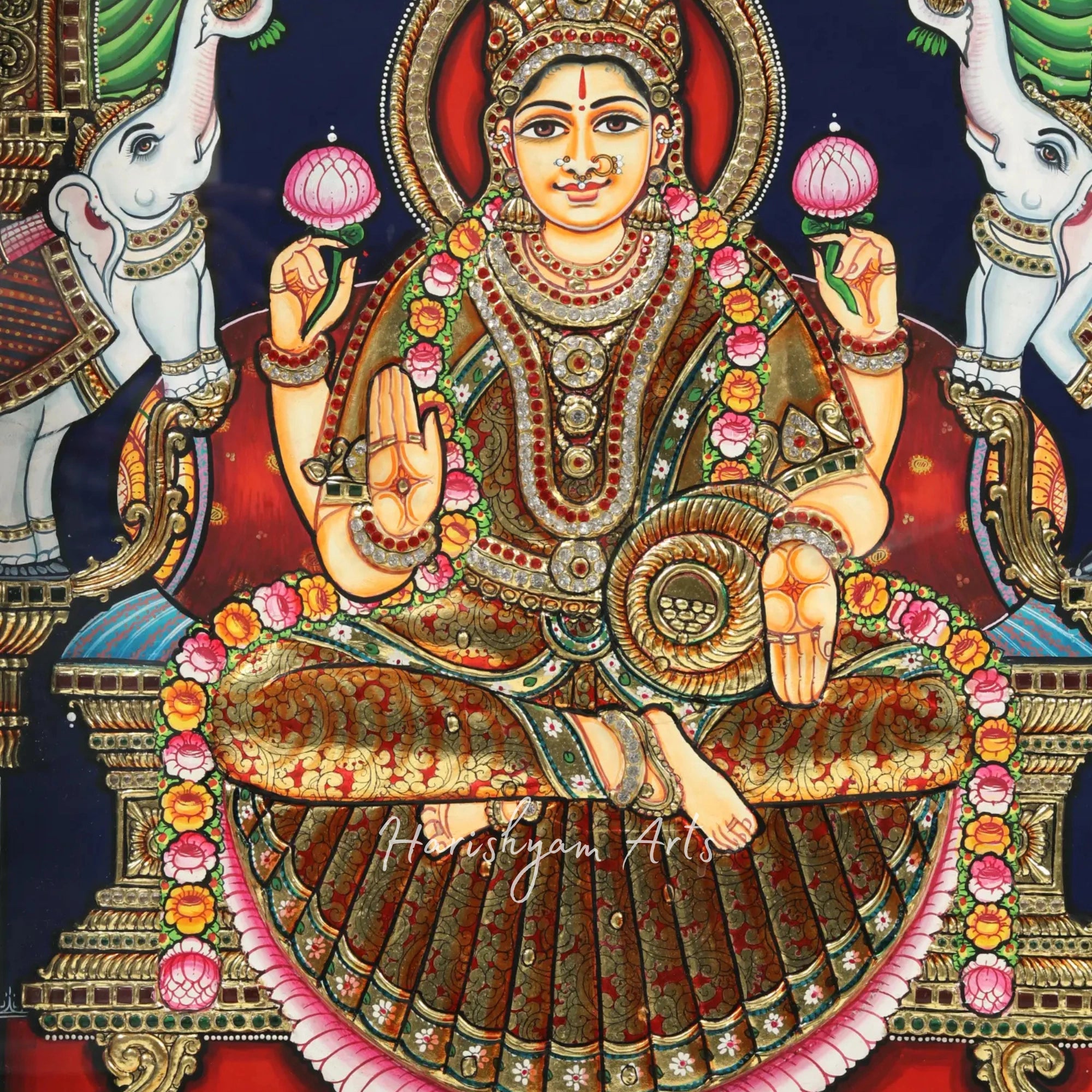 28" Lord Tirupati Balaji Venkateshvara with Goddess Gajalakshmi Tanjore Painting with Embossed Detailing