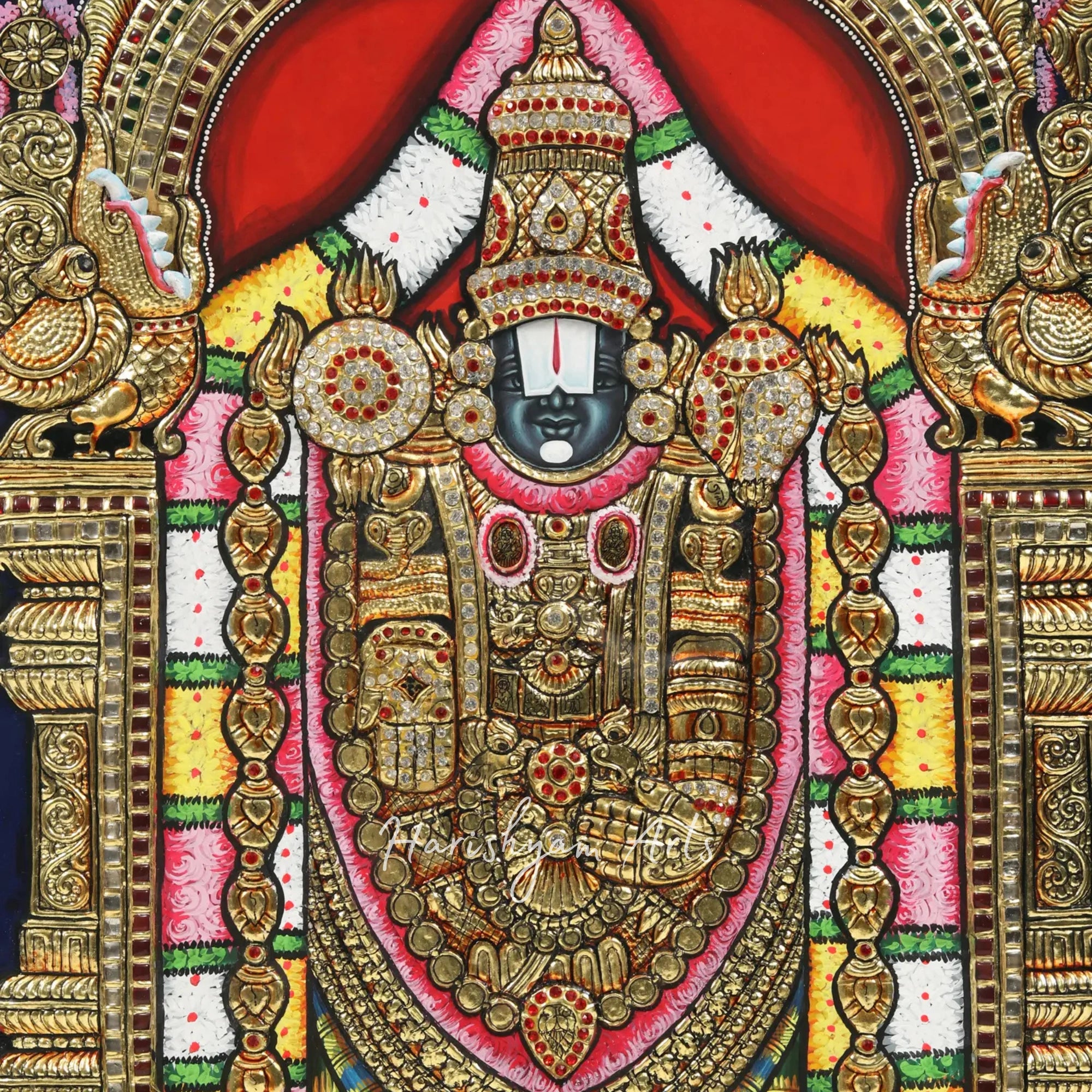 28" Lord Tirupati Balaji Venkateshvara with Goddess Gajalakshmi Tanjore Painting with Embossed Detailing