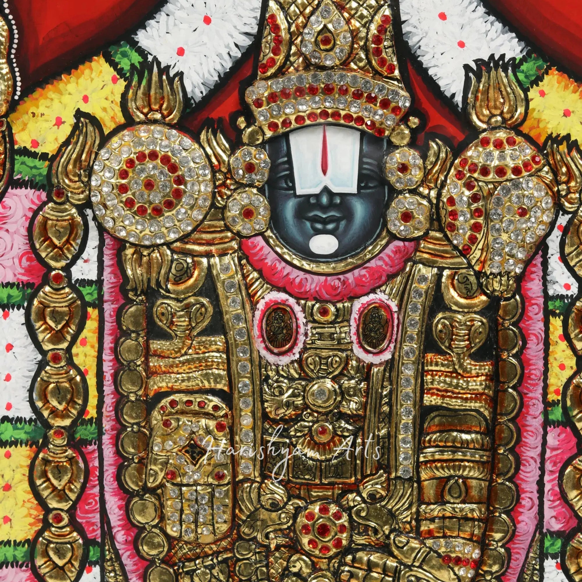 28" Lord Tirupati Balaji Venkateshvara with Goddess Gajalakshmi Tanjore Painting with Embossed Detailing
