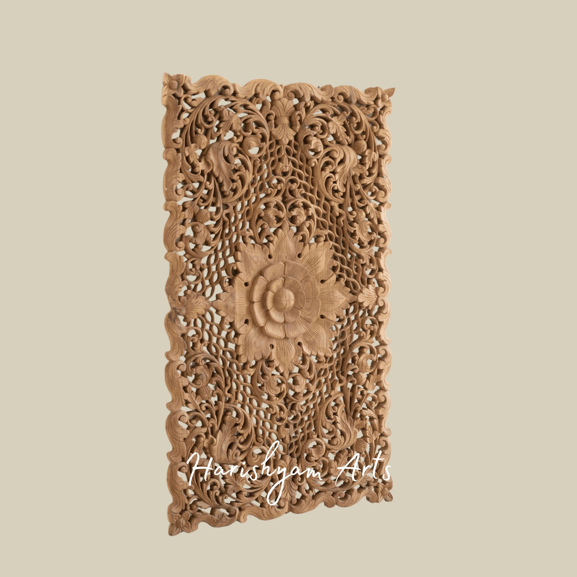 28" Lotus Flower Carved Teak Wood Wall Plaque