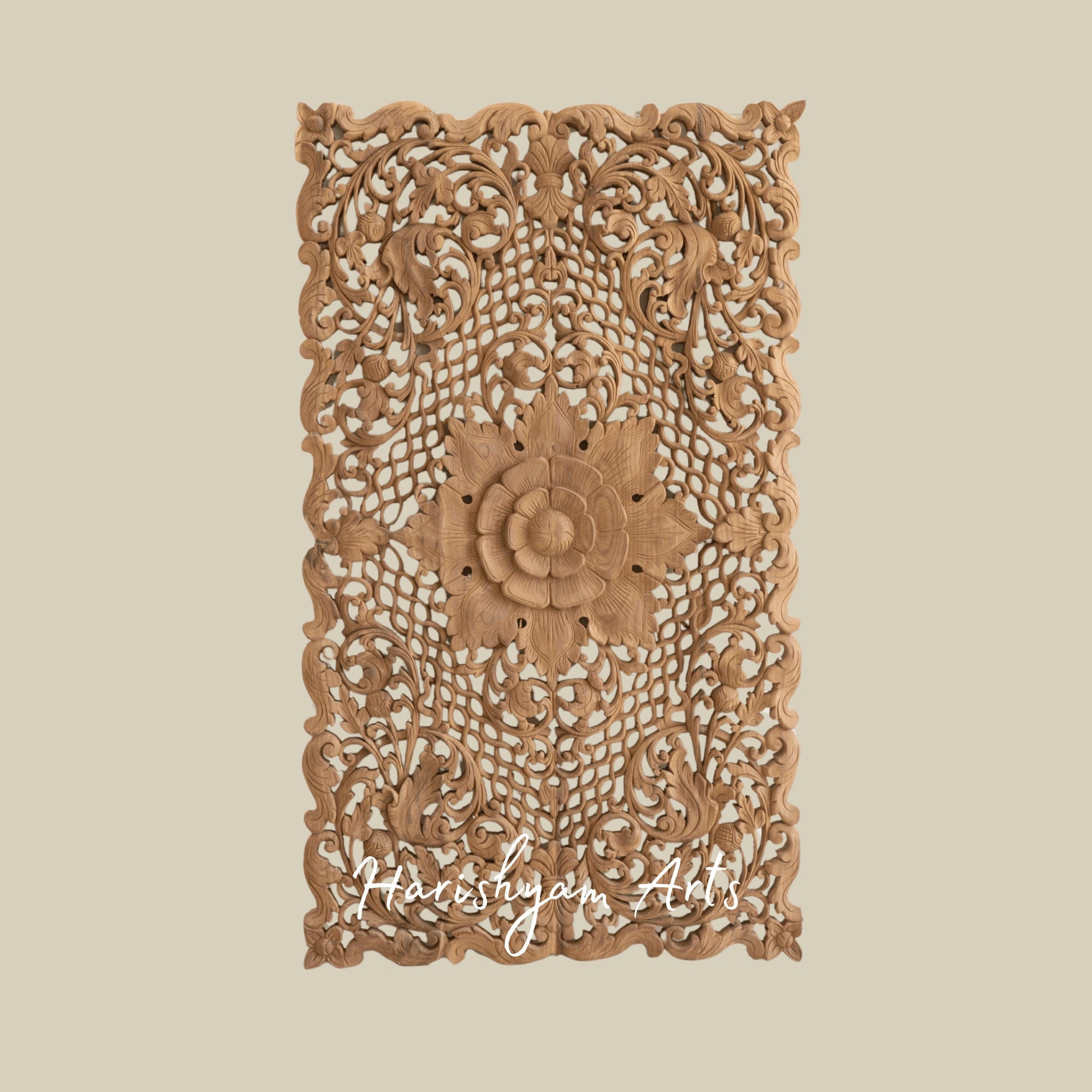 28" Lotus Flower Carved Teak Wood Wall Plaque