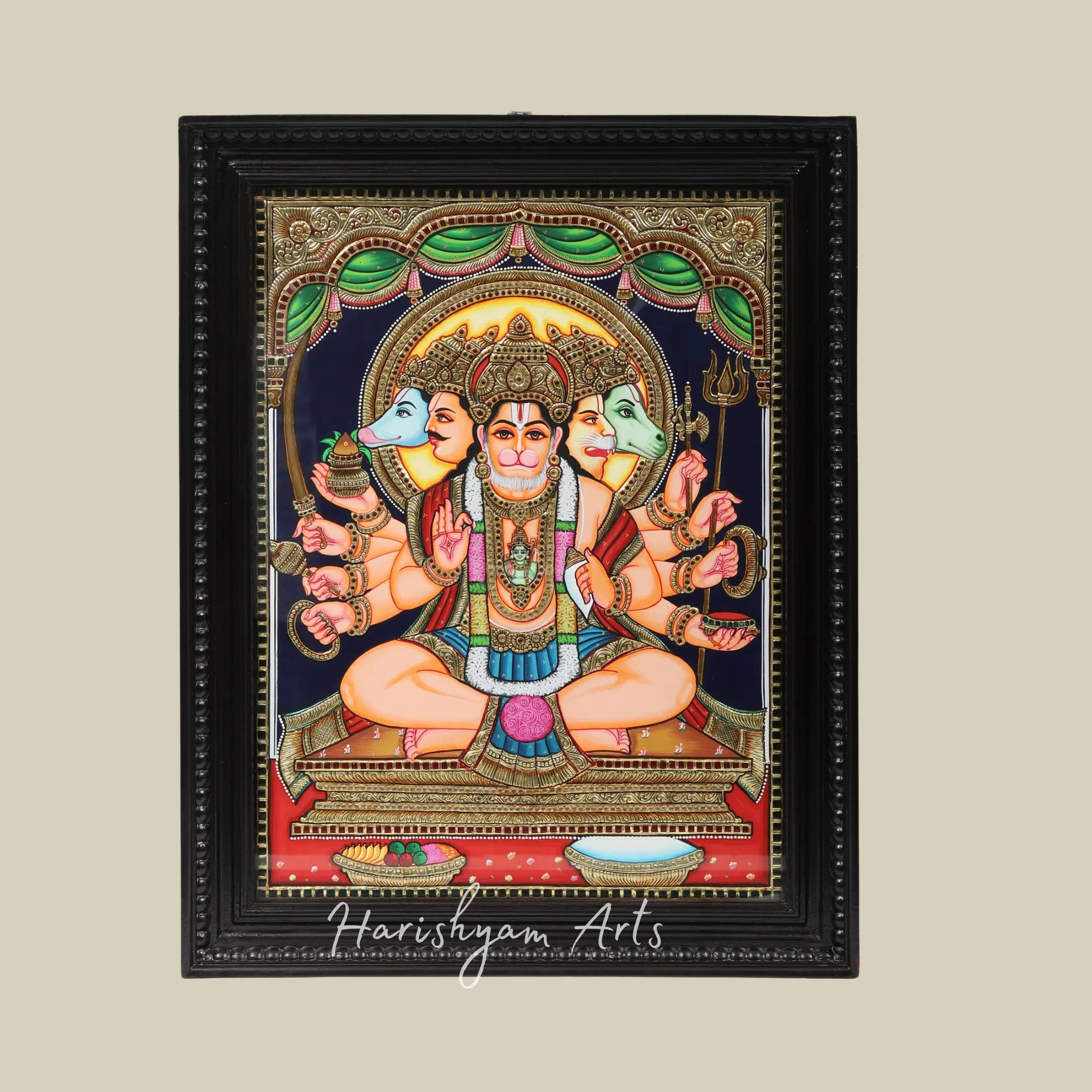 28" Sacred Panchamukhi Hanuman Tanjore Painting with Fine Detailing