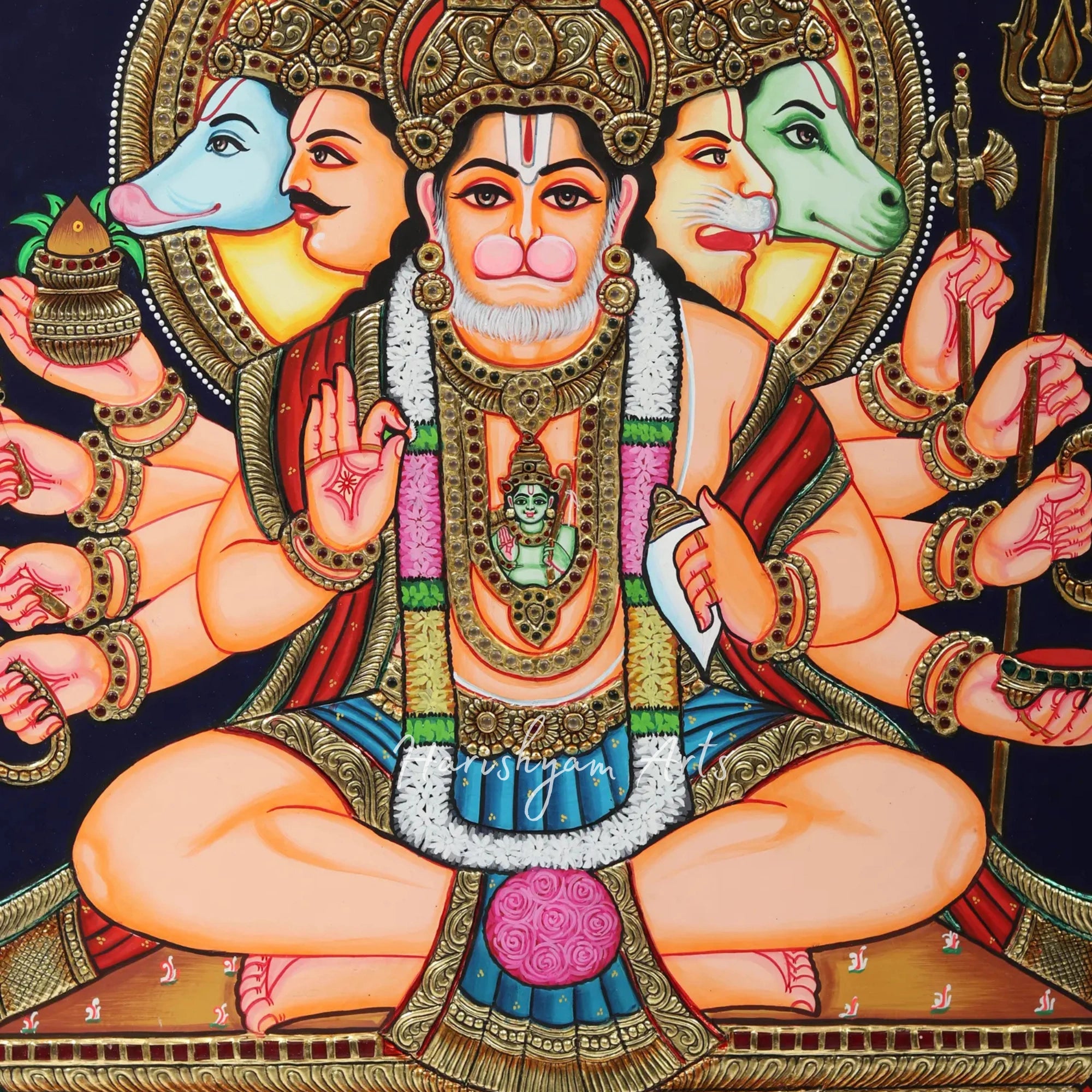 28" Sacred Panchamukhi Hanuman Tanjore Painting with Fine Detailing