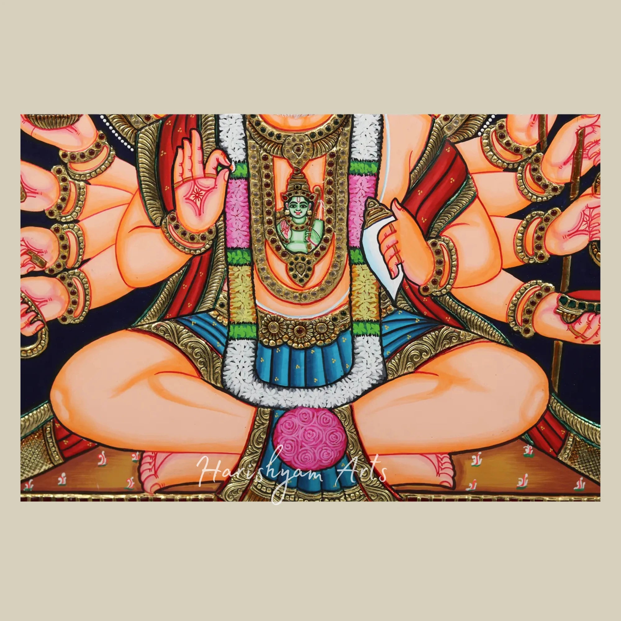 28" Sacred Panchamukhi Hanuman Tanjore Painting with Fine Detailing
