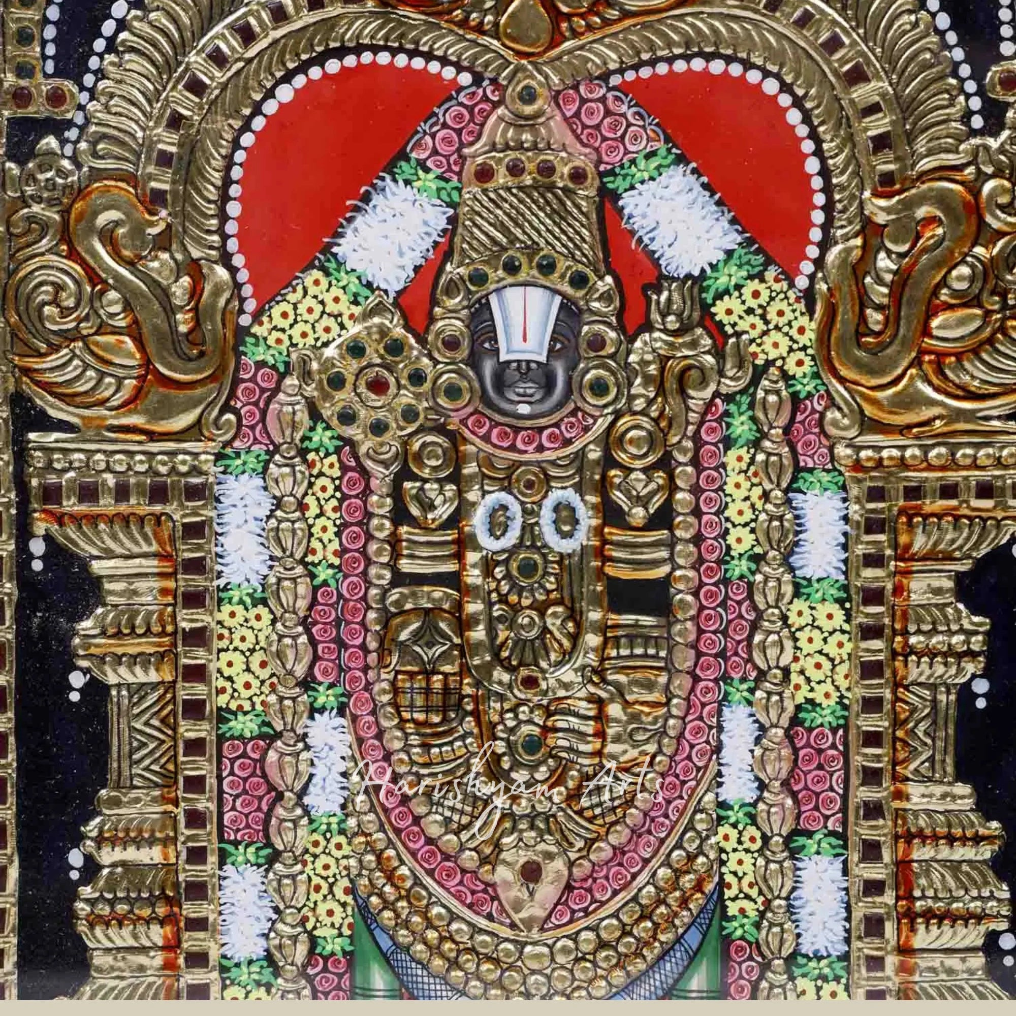 28" Tirupati Balaji Venkateshvara Tanjore Painting with 24-Karat Gold Embellishments and Frame