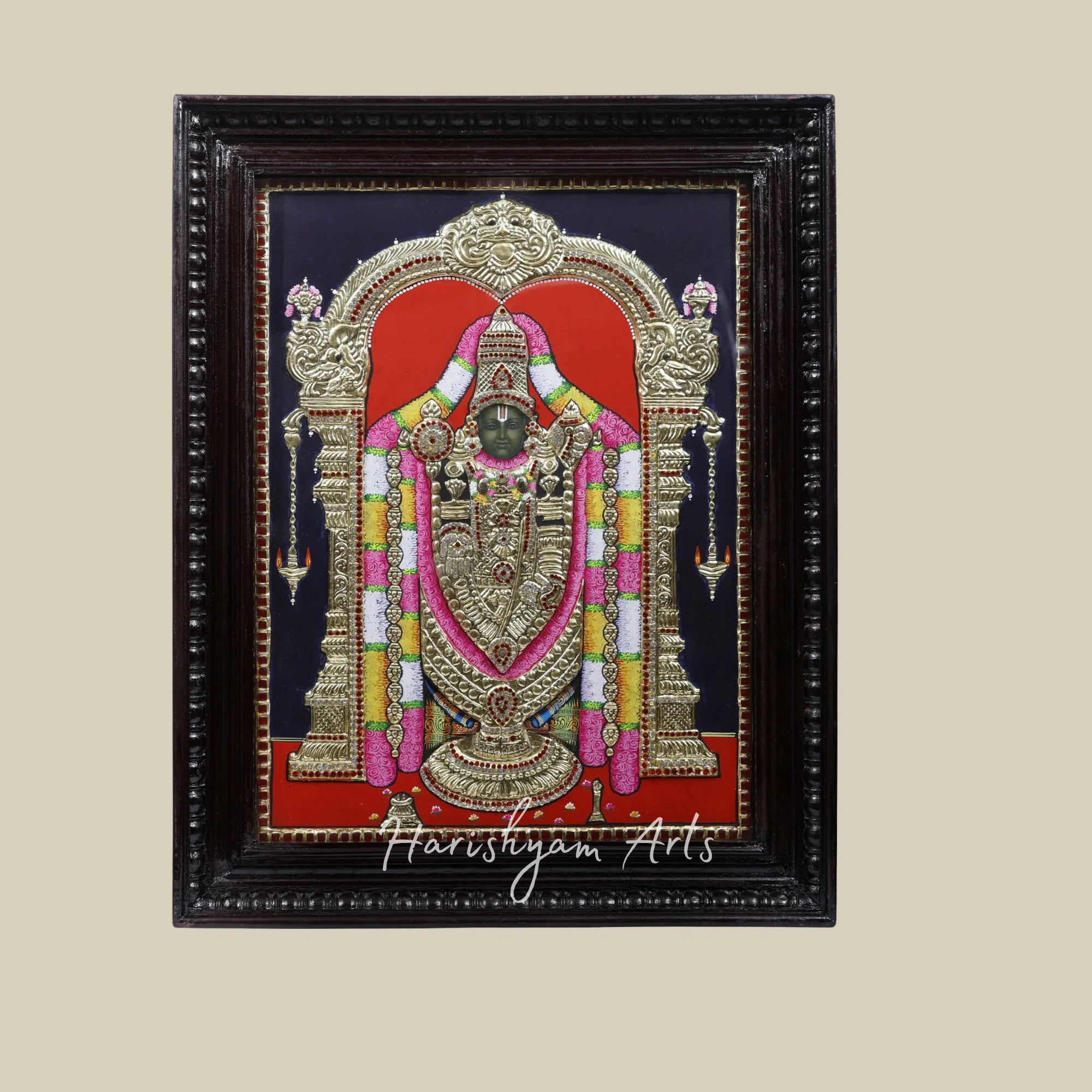 28" Tirupati Balaji Venkateshvara Tanjore Painting with 24-Karat Gold Embellishments and Frame