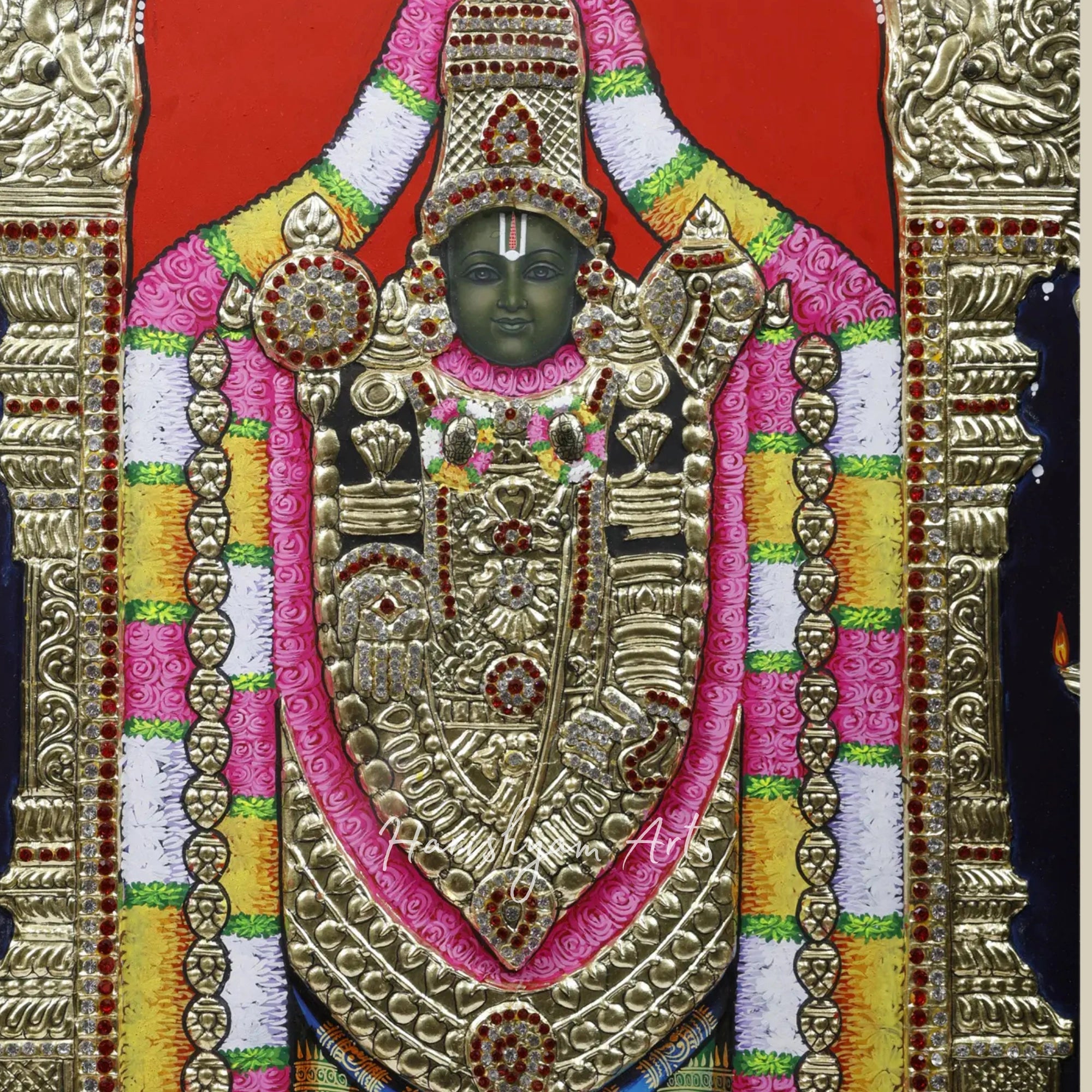 28" Tirupati Balaji Venkateshvara Tanjore Painting with 24-Karat Gold Embellishments and Frame