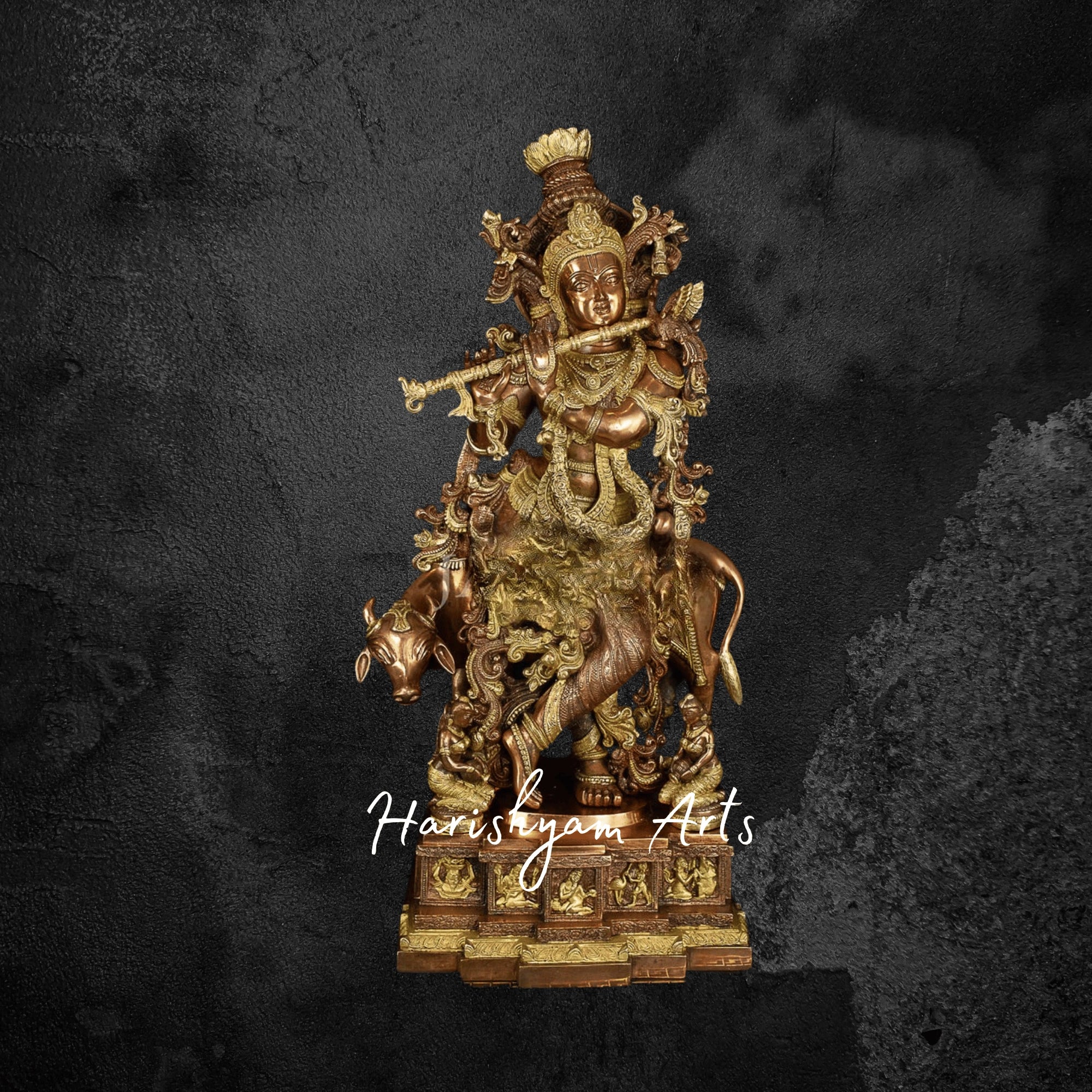 28" Venugopala Brass Murti with Cow Majestic Krishna Sculpture