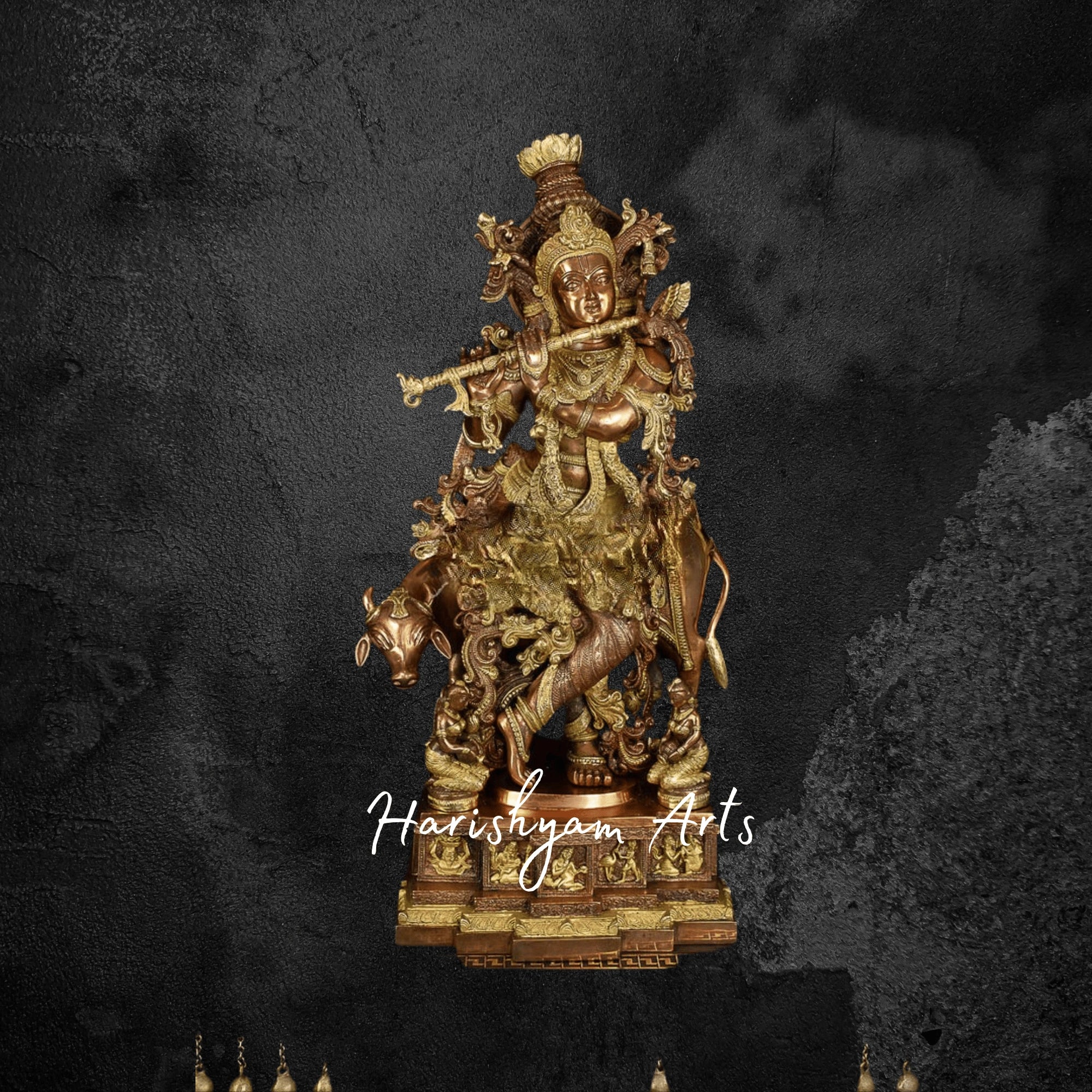 28" Venugopala Brass Murti with Cow Majestic Krishna Sculpture